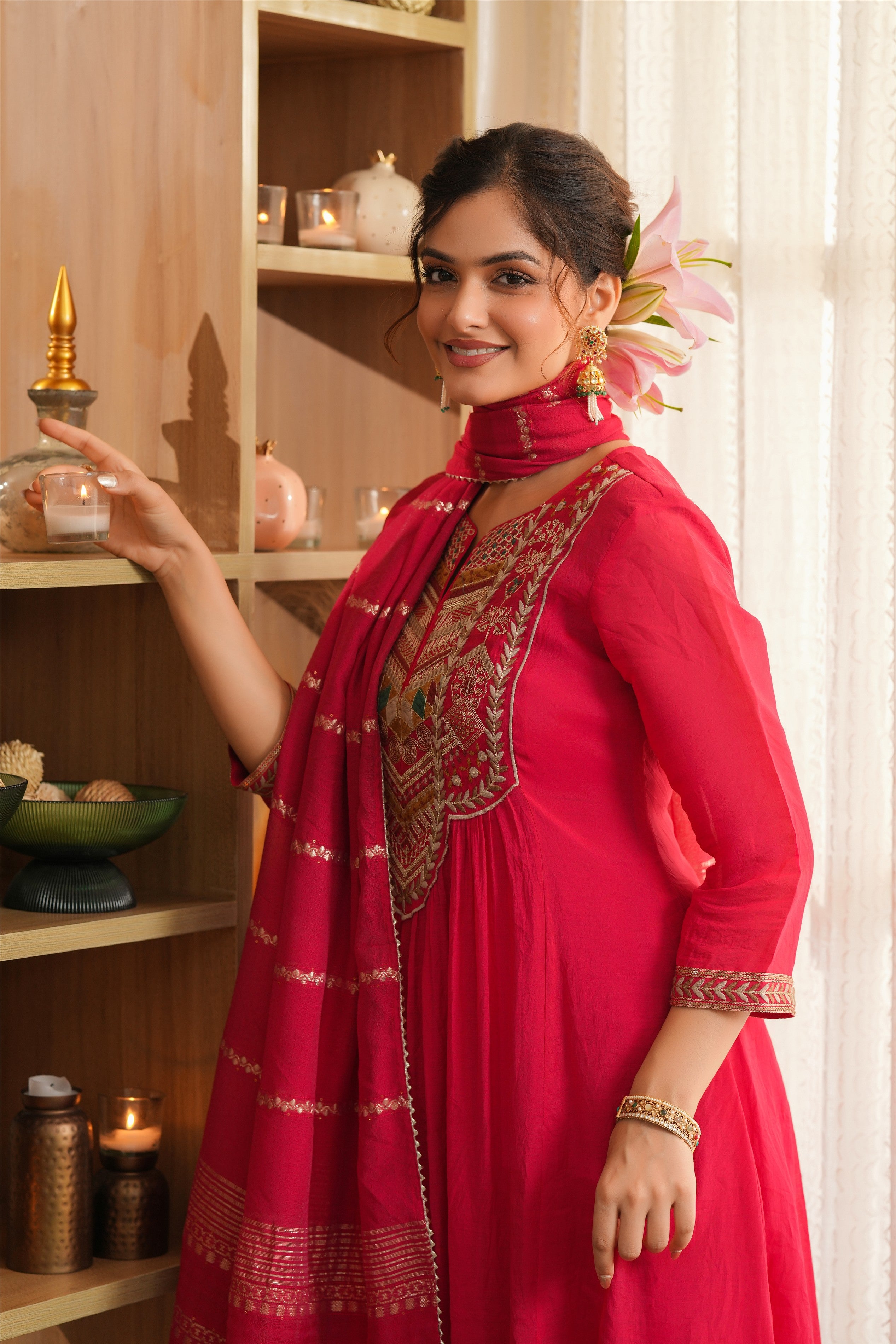 Red Mul Chanderi Thread Embroidered Anarkali Suit Set