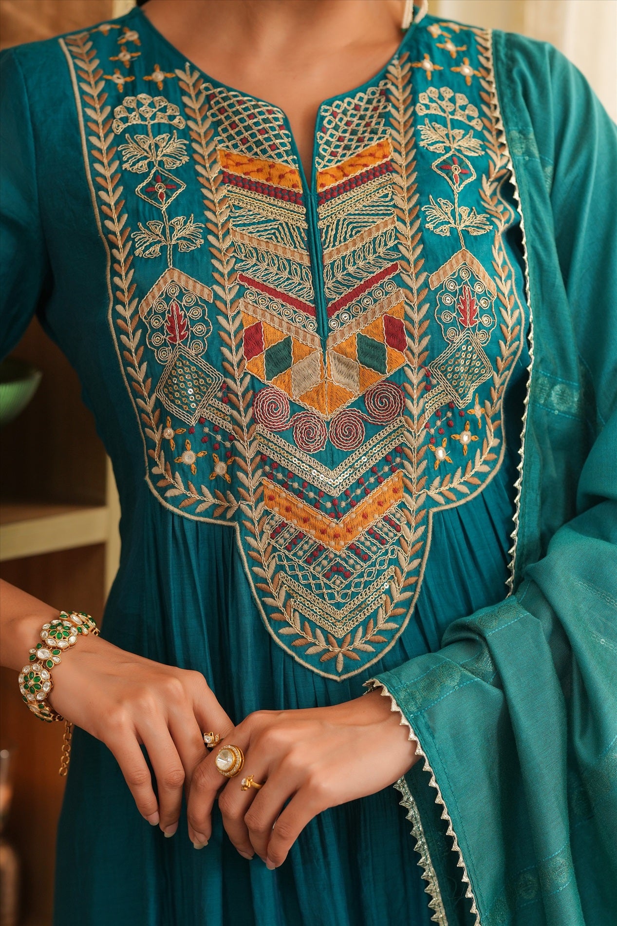 Teal Mul Chanderi Thread Embroidered Anarkali Suit Set