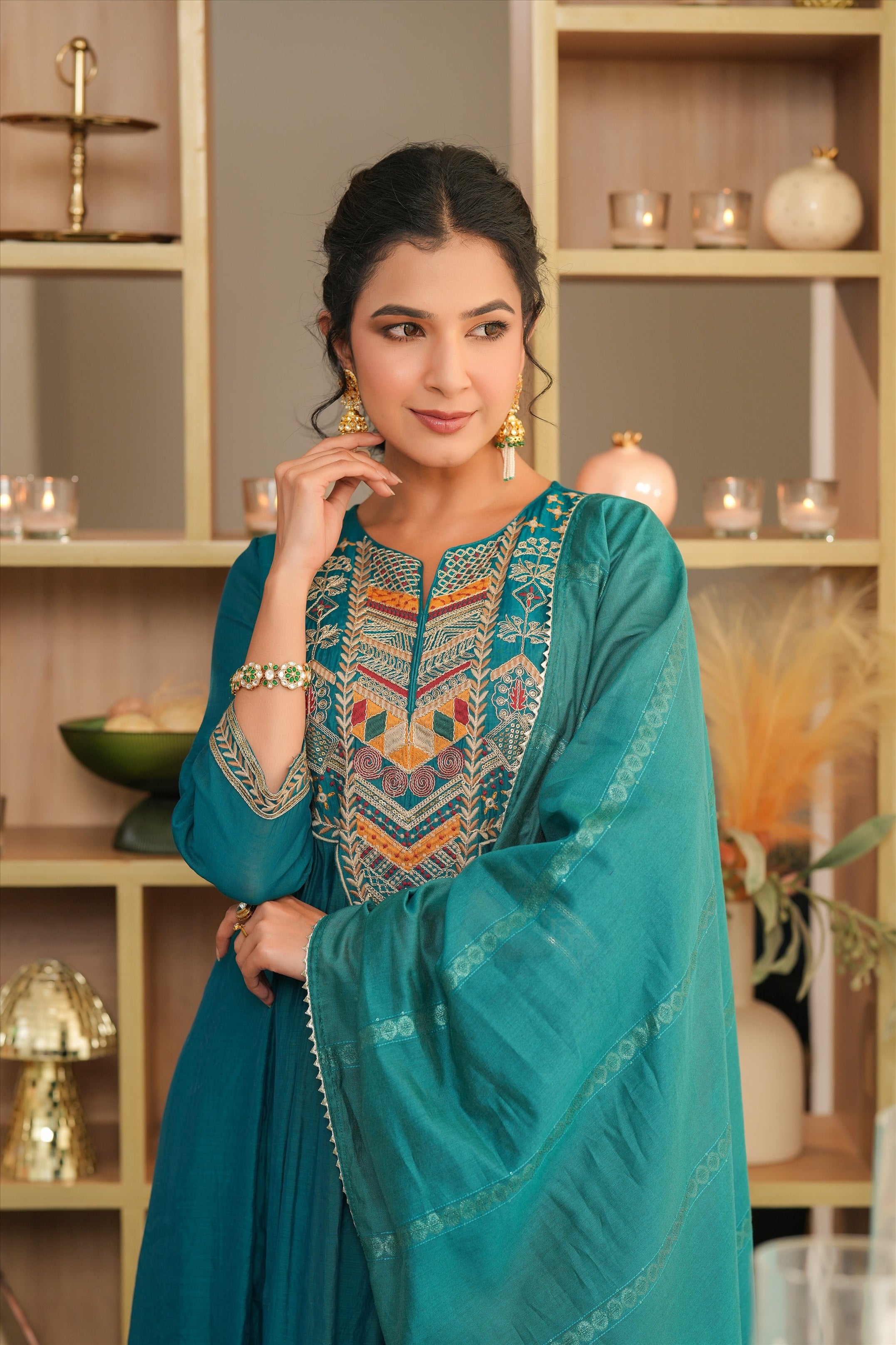 Teal Mul Chanderi Thread Embroidered Anarkali Suit Set