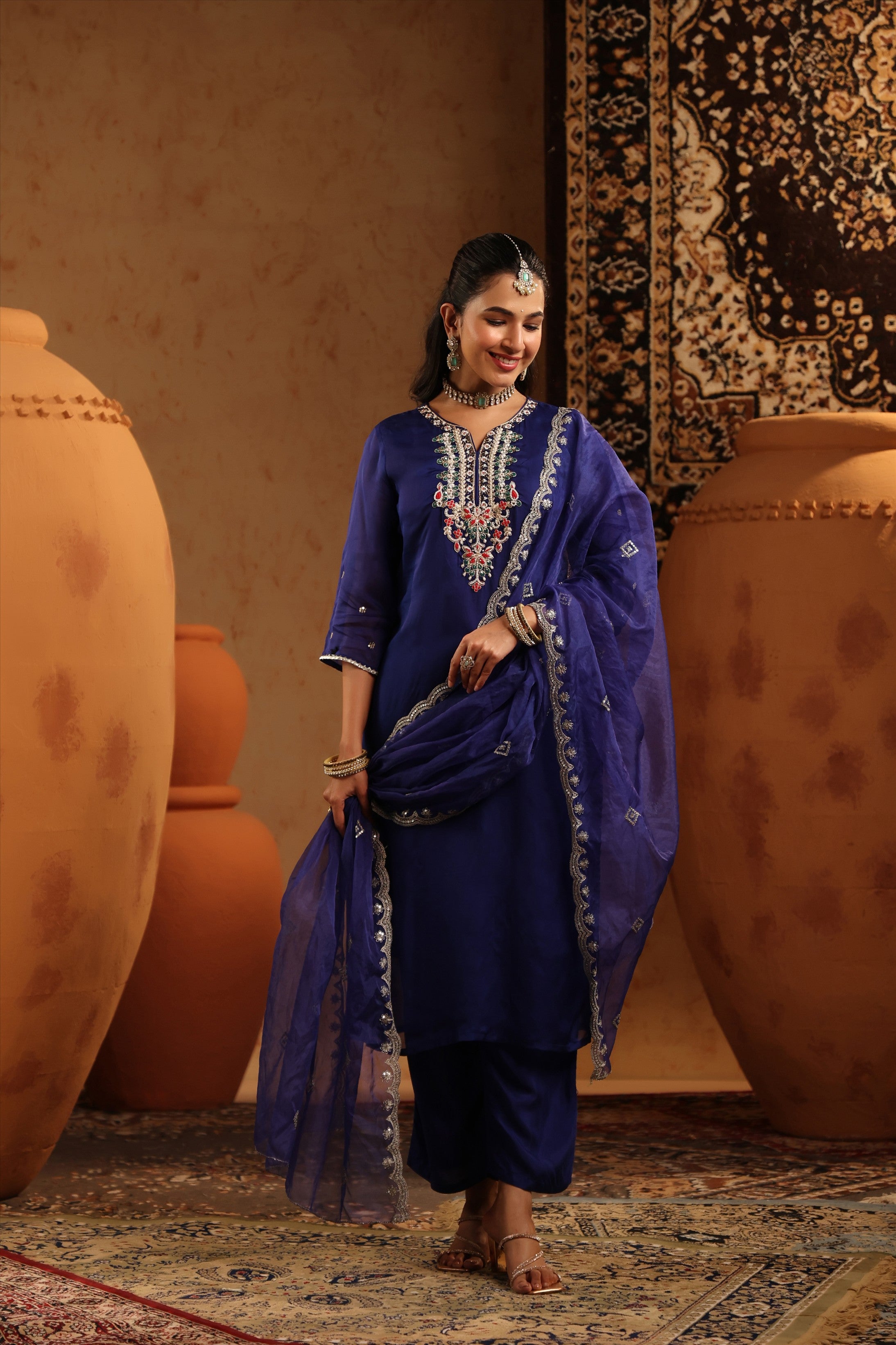 Midnight Blue Organza Silk Hand Embroidered Straight Suit Set
