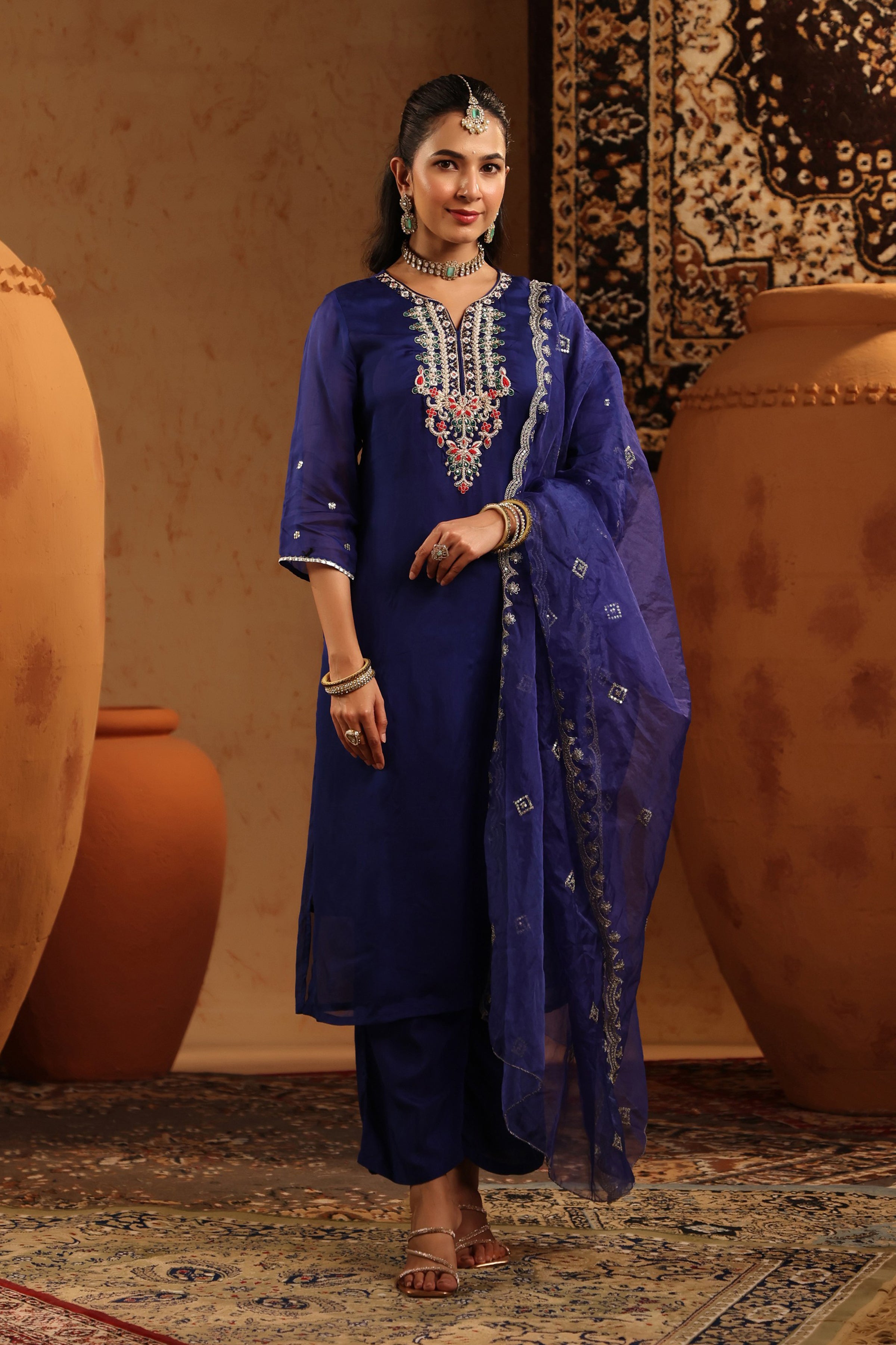 Midnight Blue Organza Silk Hand Embroidered Straight Suit Set