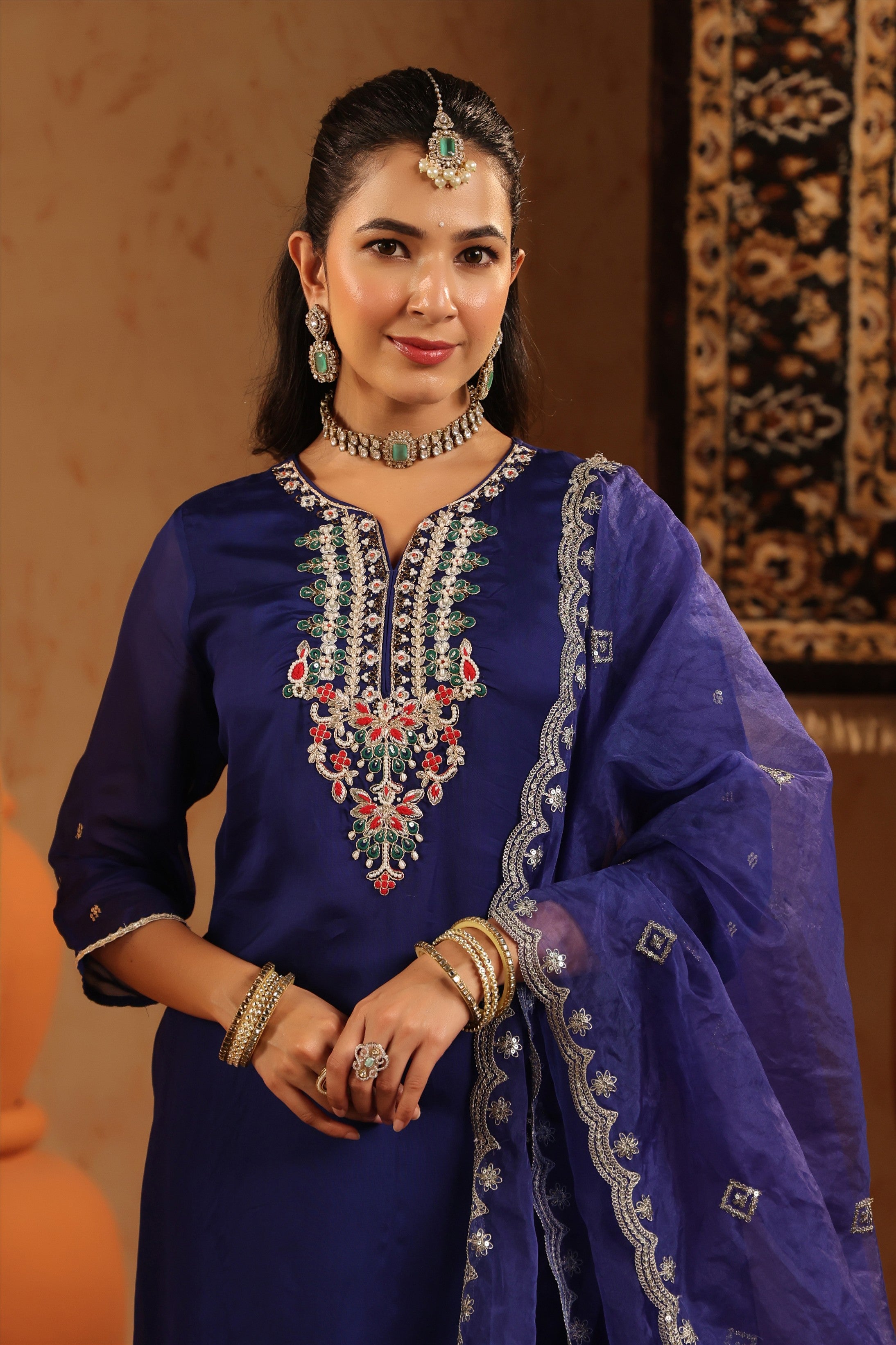 Midnight Blue Organza Silk Hand Embroidered Straight Suit Set