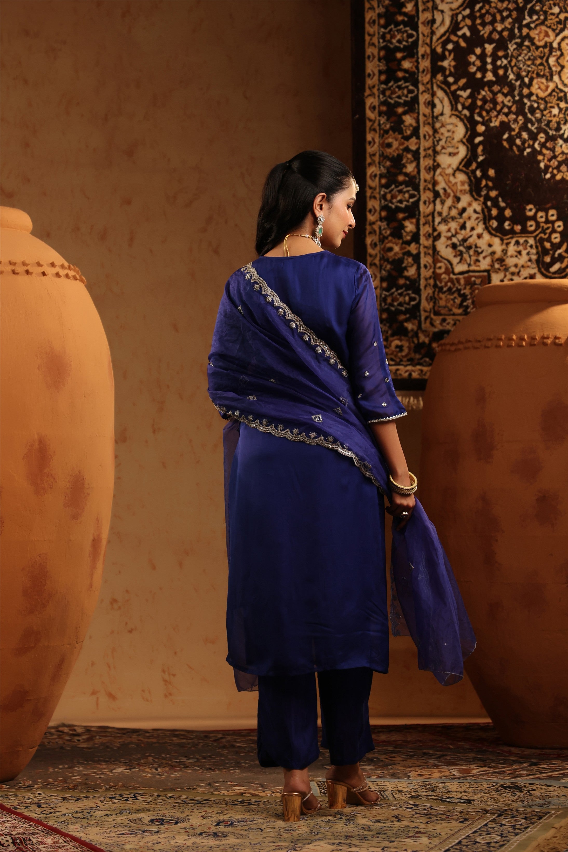 Midnight Blue Organza Silk Hand Embroidered Straight Suit Set