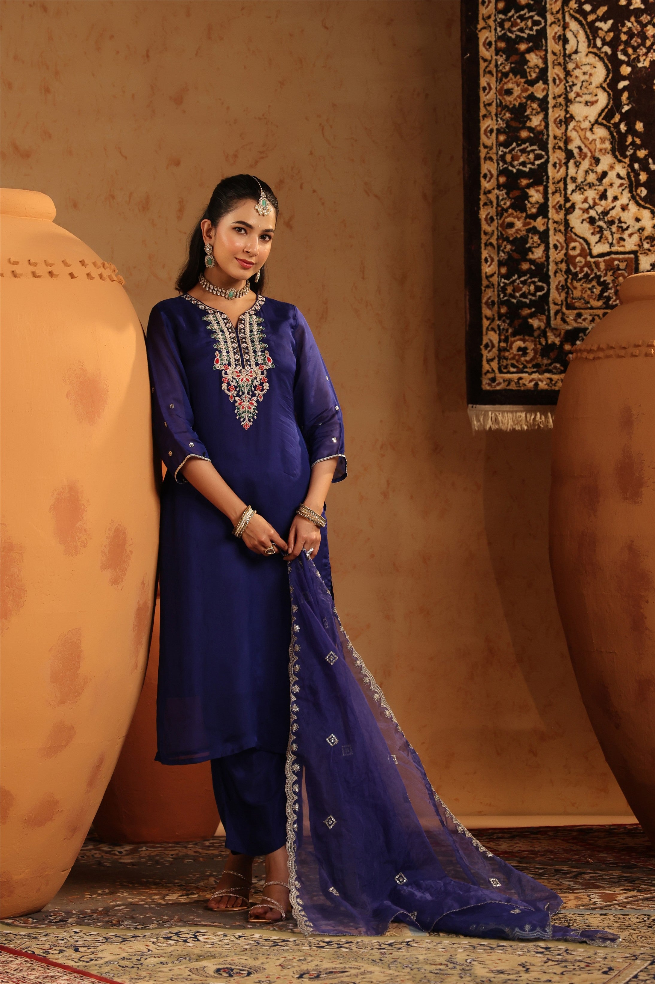 Midnight Blue Organza Silk Hand Embroidered Straight Suit Set