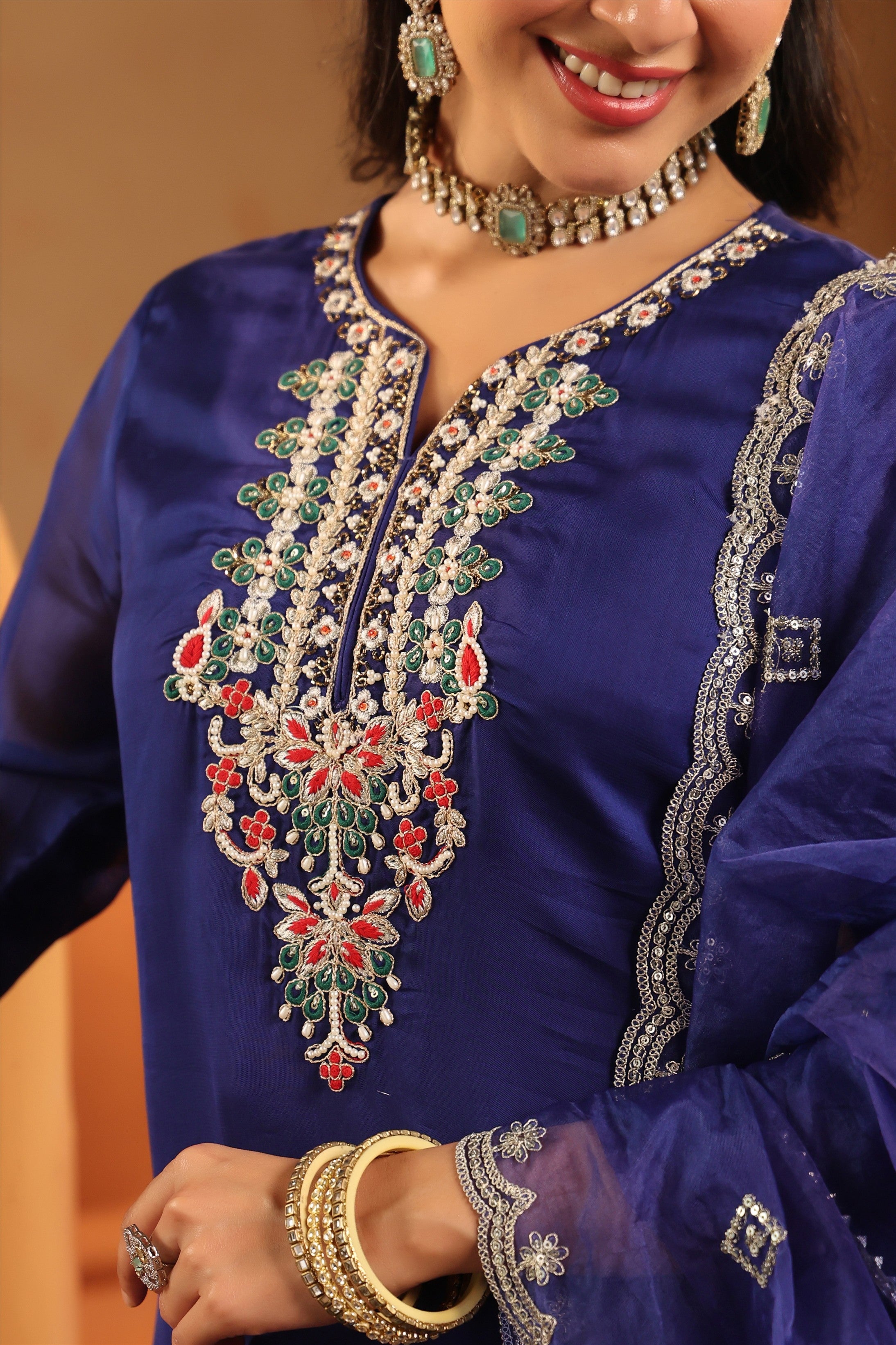 Midnight Blue Organza Silk Hand Embroidered Straight Suit Set