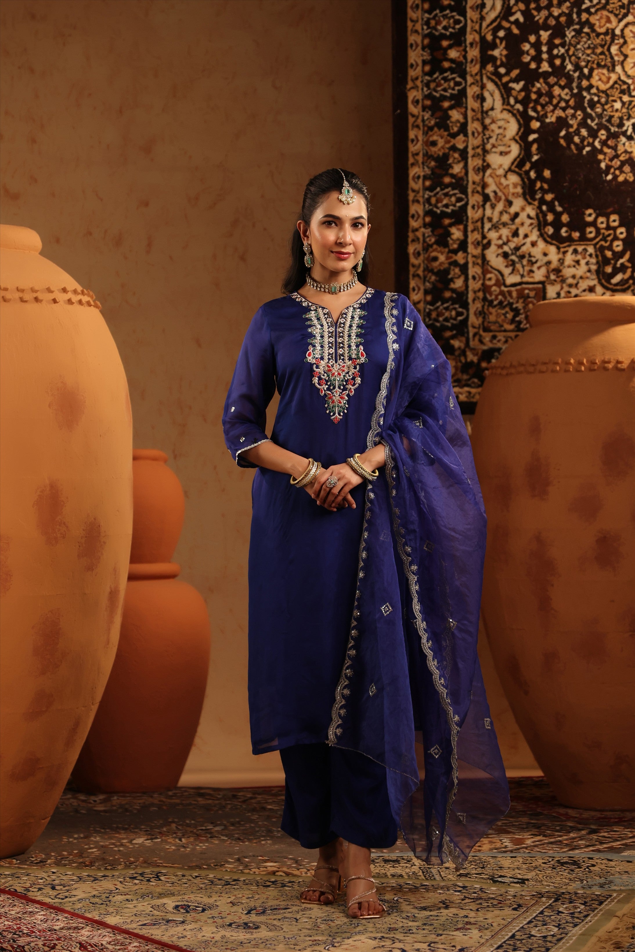 Midnight Blue Organza Silk Hand Embroidered Straight Suit Set
