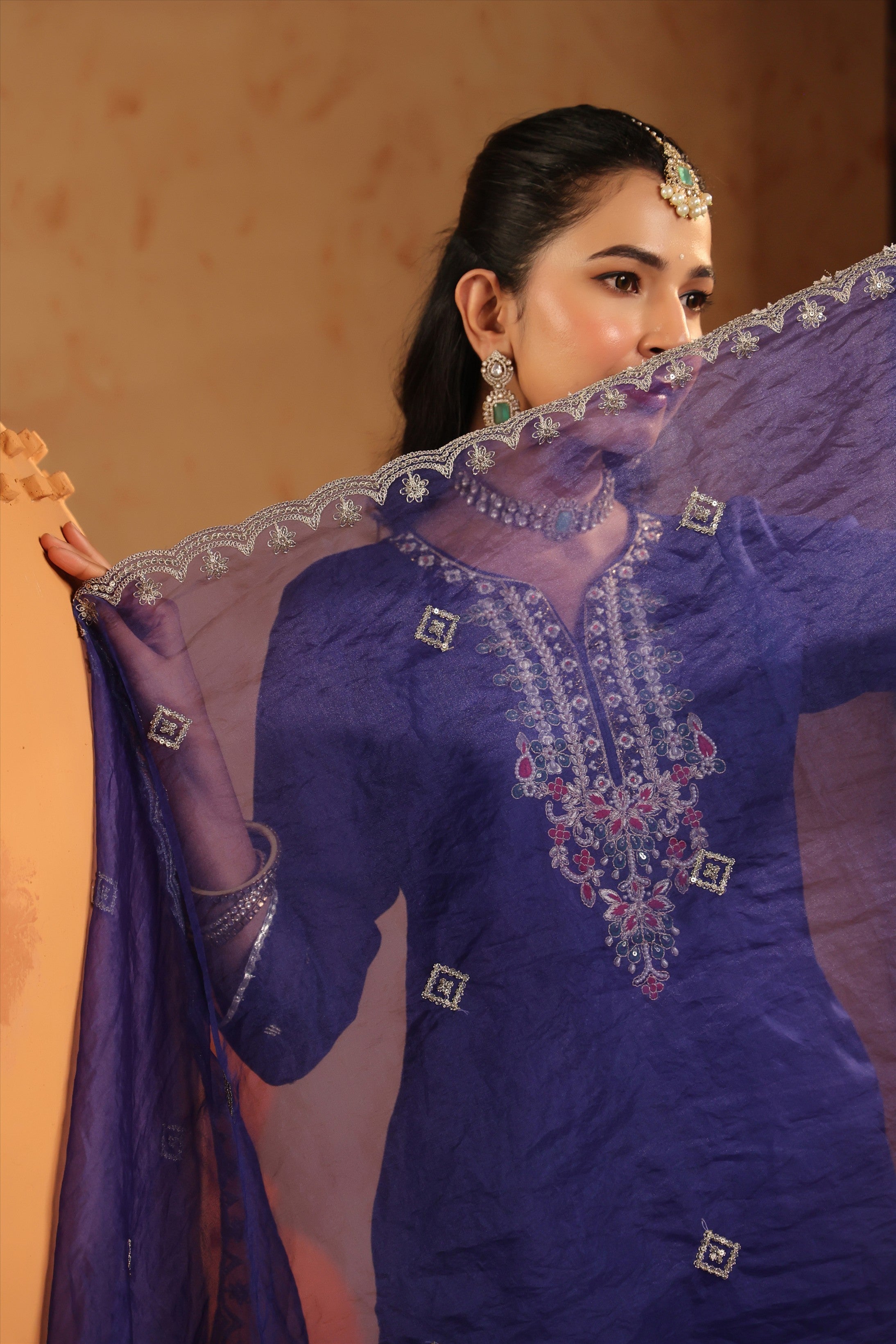 Midnight Blue Organza Silk Hand Embroidered Straight Suit Set