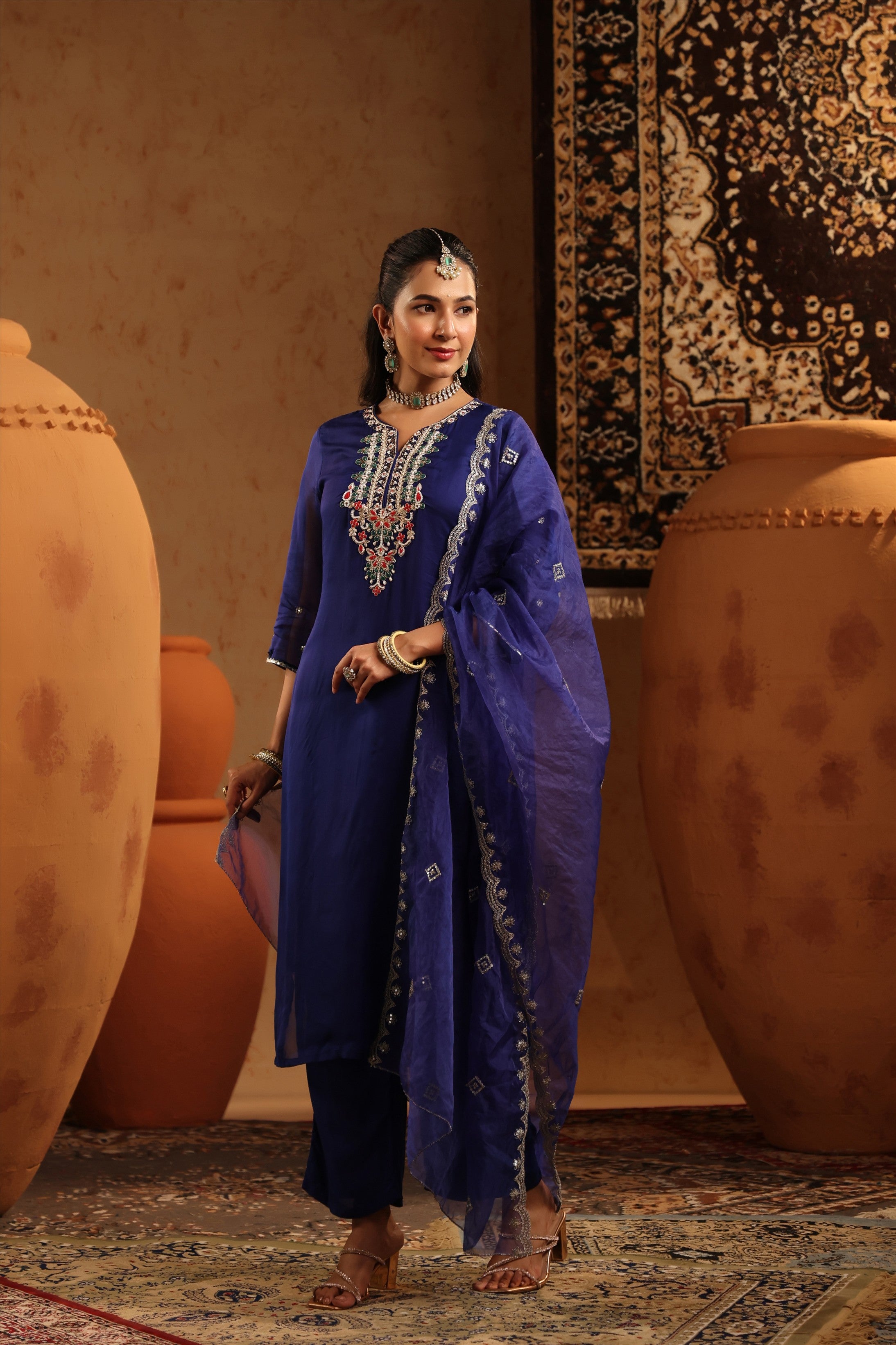 Midnight Blue Organza Silk Hand Embroidered Straight Suit Set