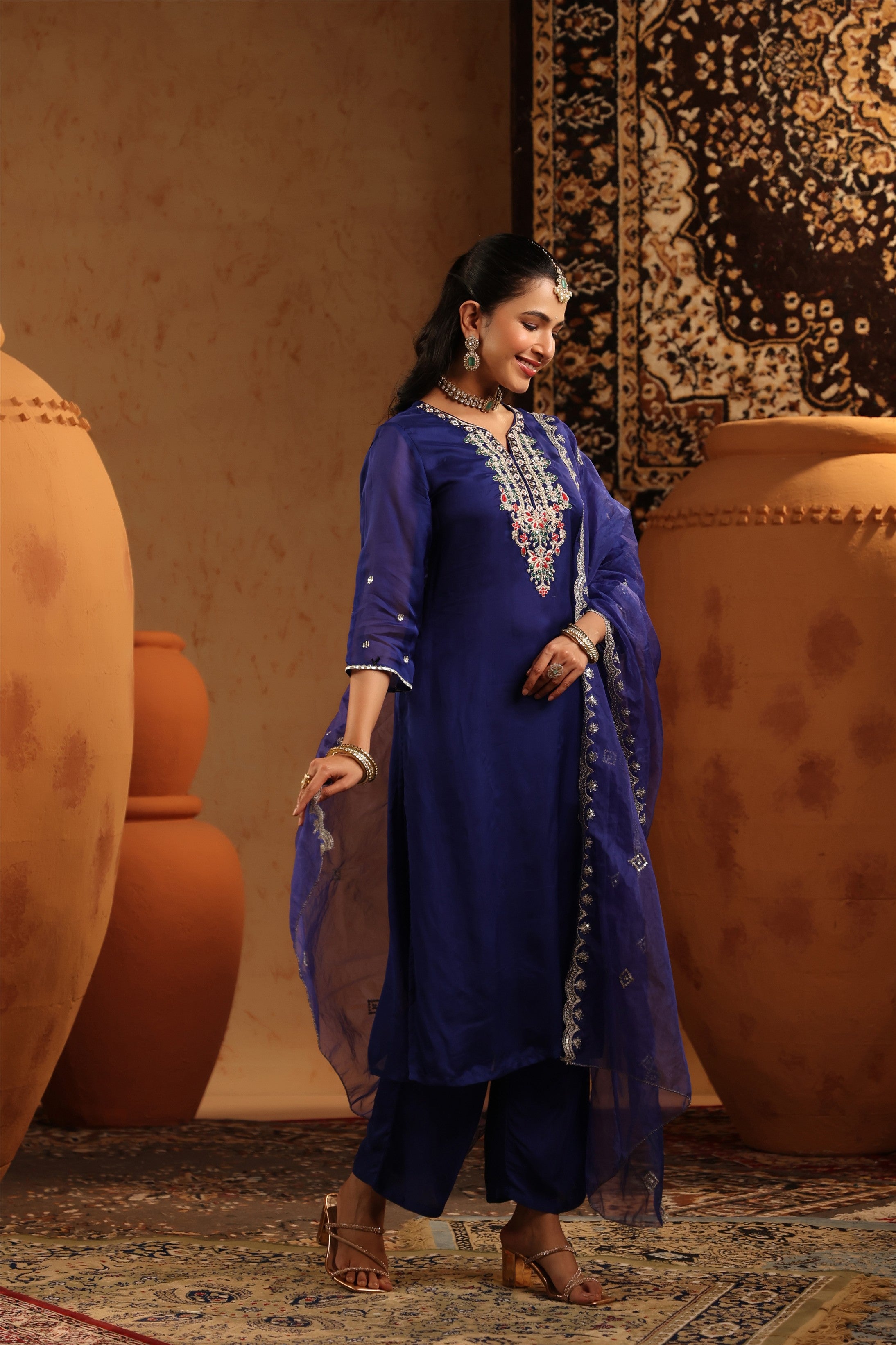 Midnight Blue Organza Silk Hand Embroidered Straight Suit Set