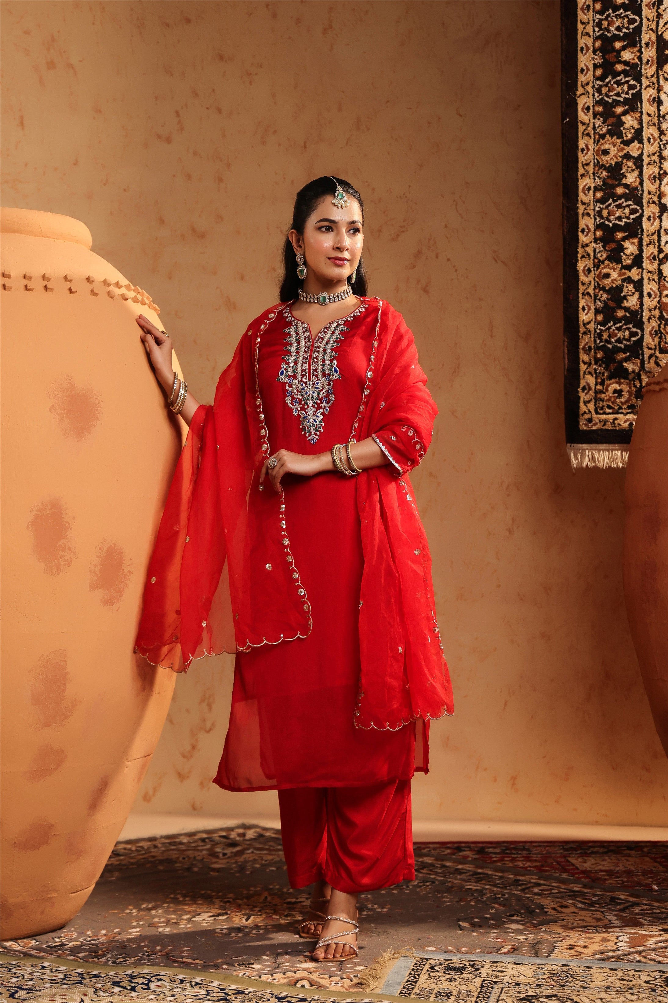 Red Organza Silk Hand Embroidered Straight Suit Set