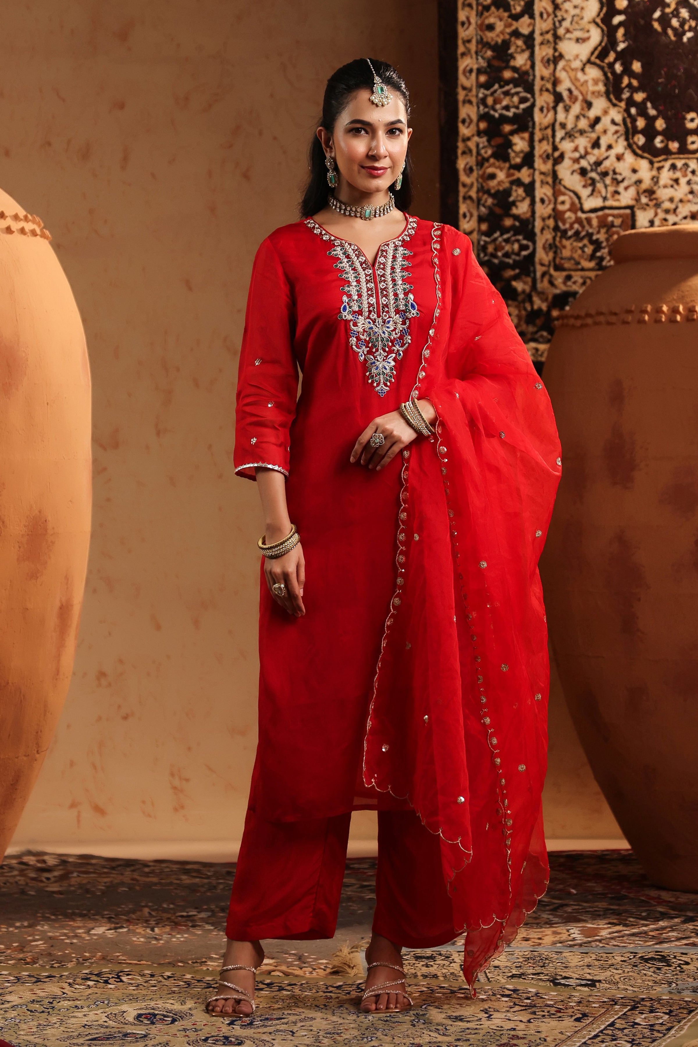 Red Organza Silk Hand Embroidered Straight Suit Set