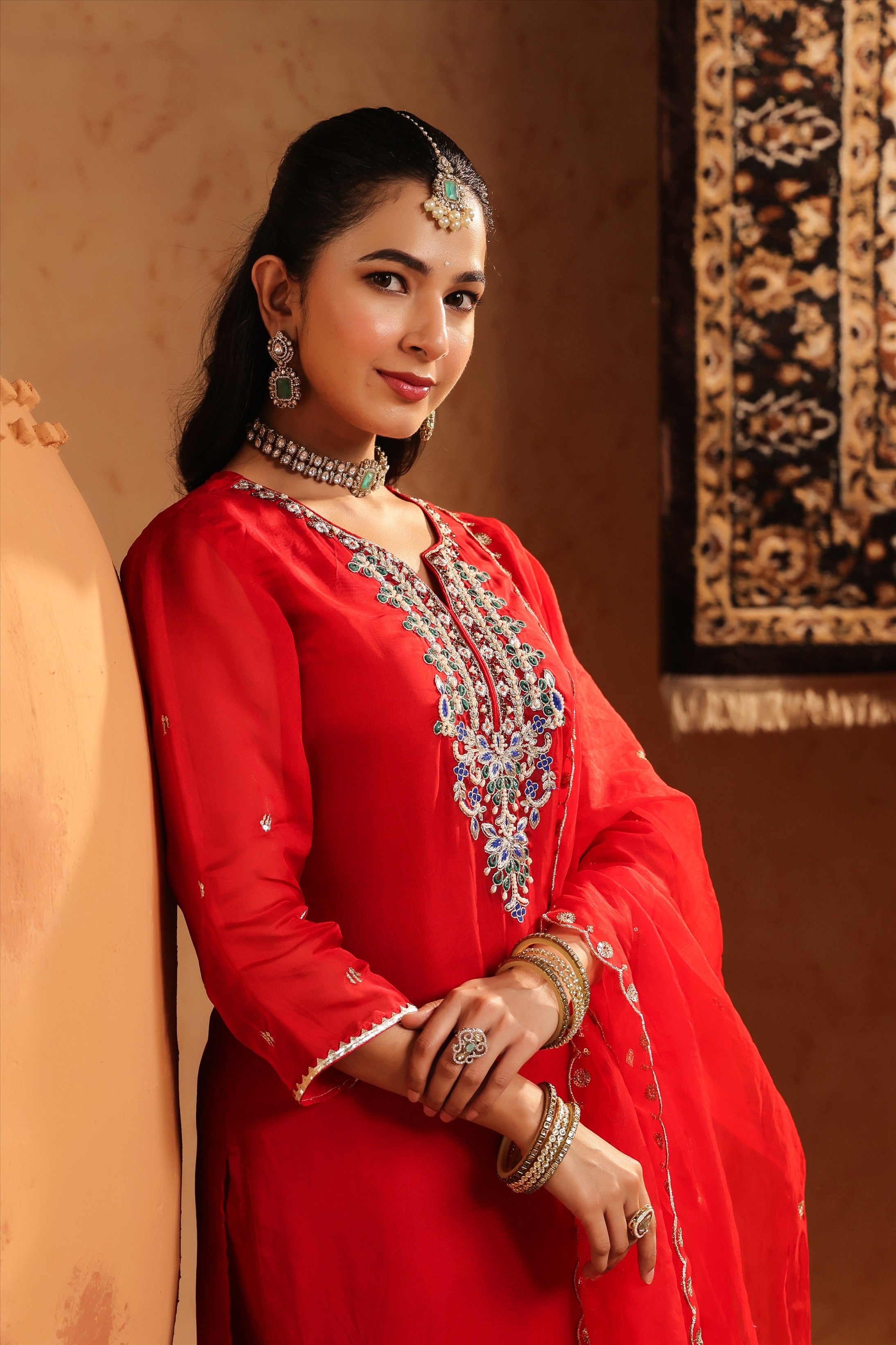 Red Organza Silk Hand Embroidered Straight Suit Set