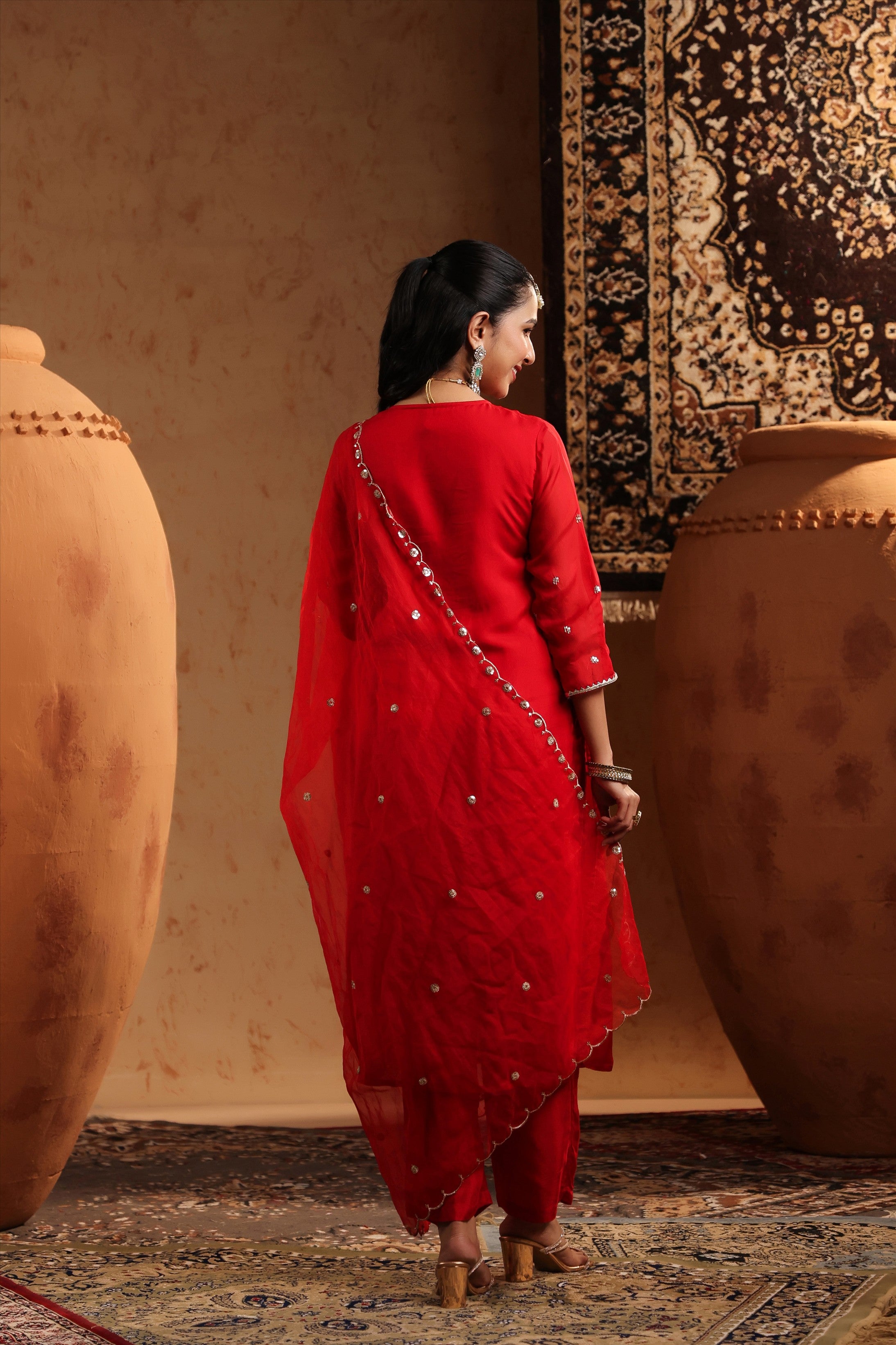 Red Organza Silk Hand Embroidered Straight Suit Set