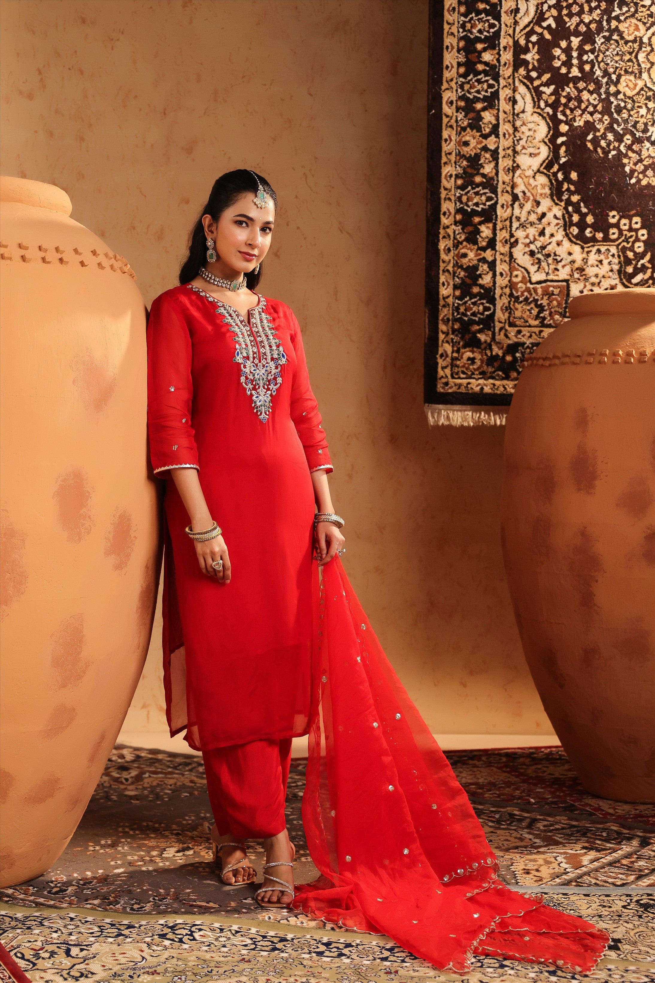 Red Organza Silk Hand Embroidered Straight Suit Set