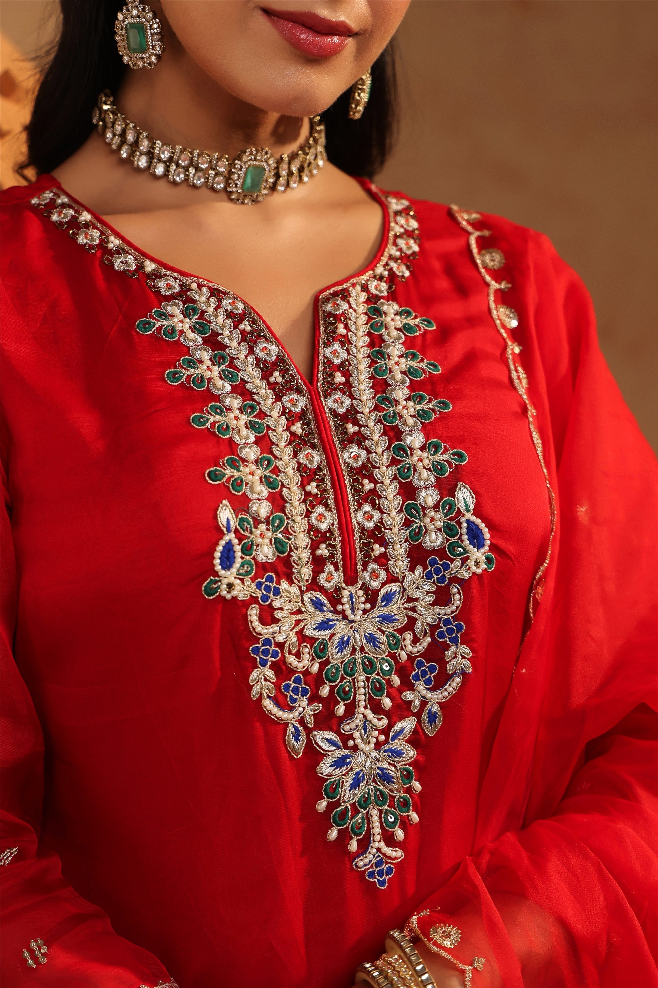 Red Organza Silk Hand Embroidered Straight Suit Set