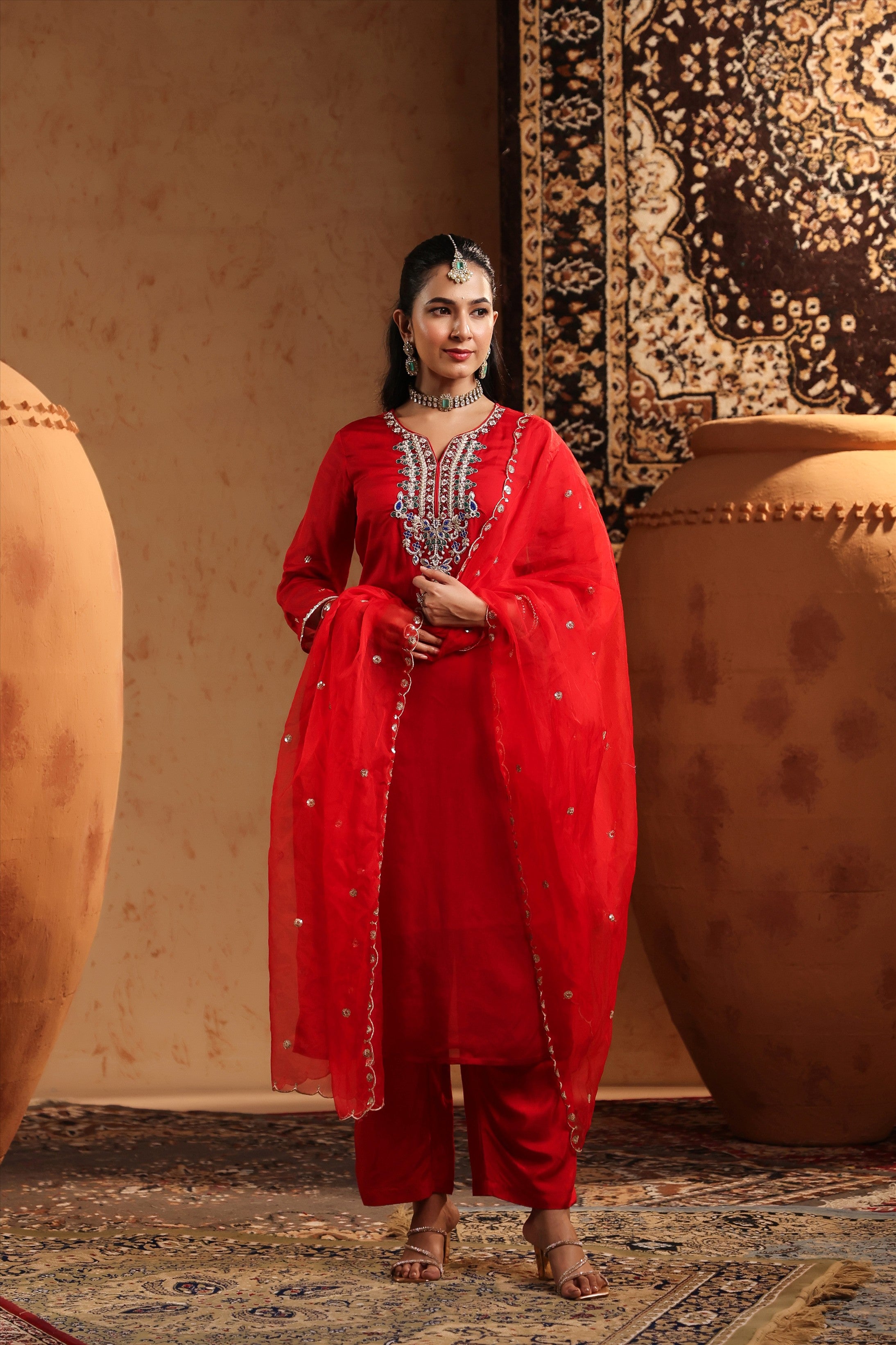 Red Organza Silk Hand Embroidered Straight Suit Set