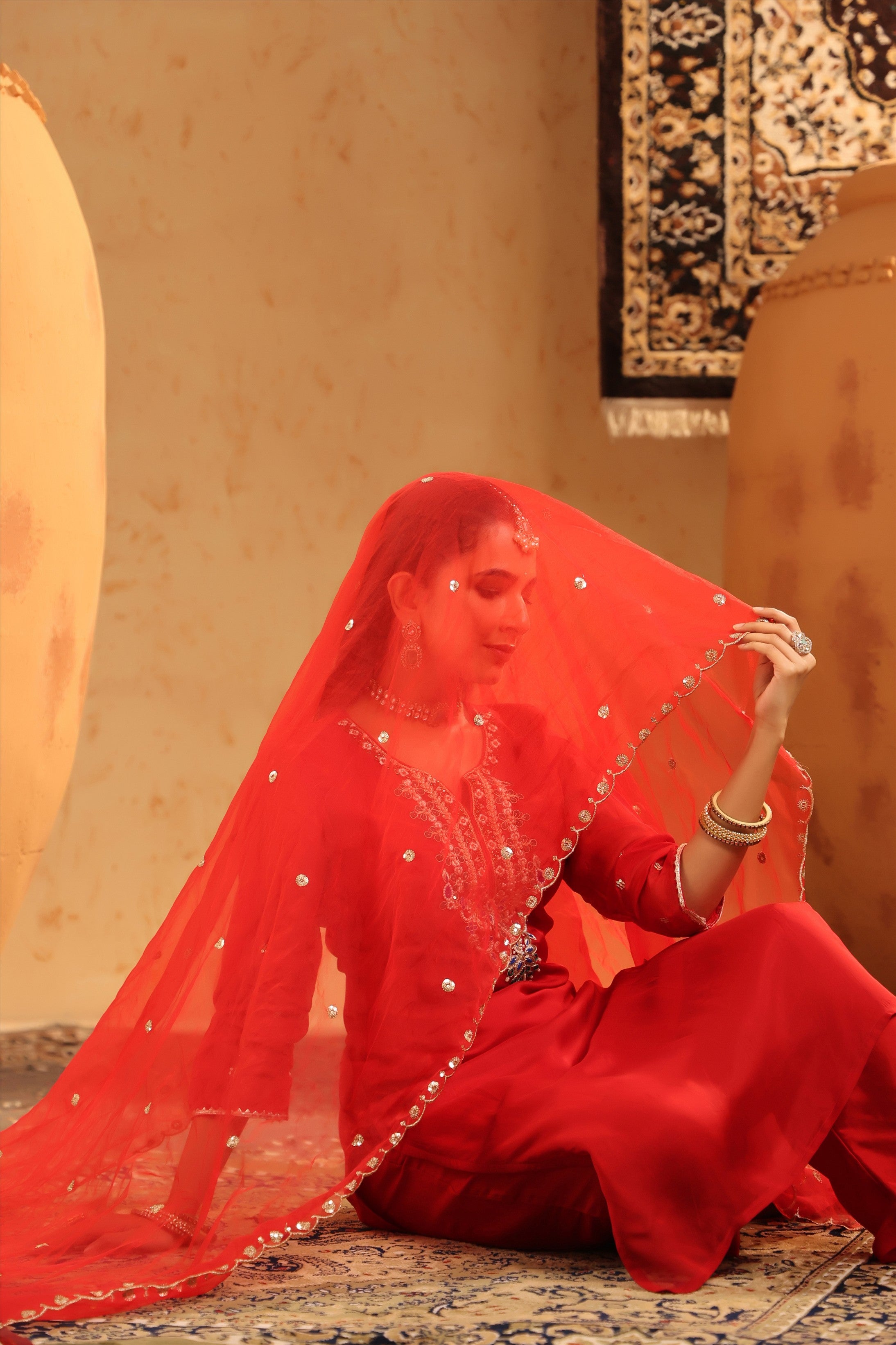 Red Organza Silk Hand Embroidered Straight Suit Set