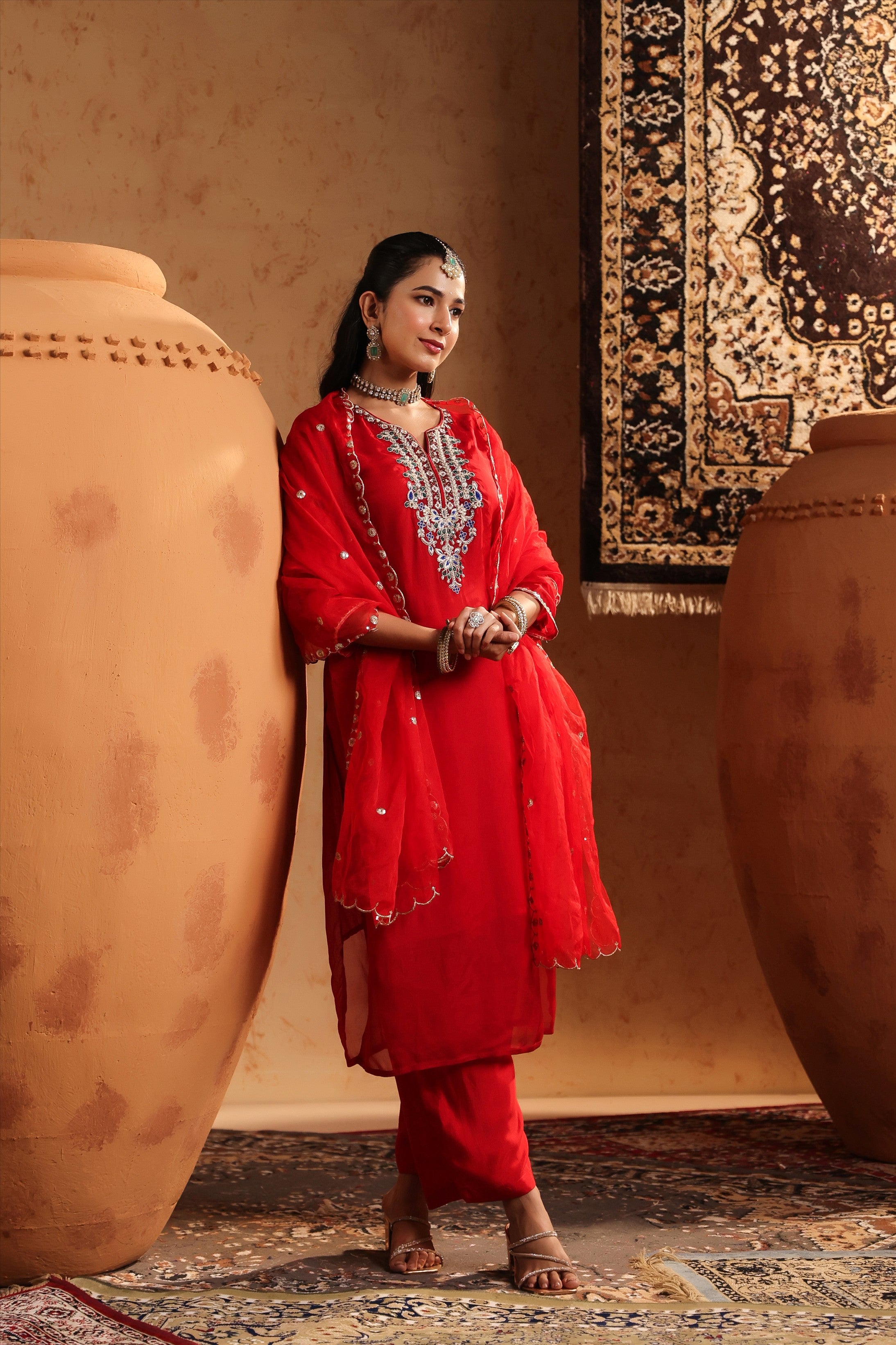 Red Organza Silk Hand Embroidered Straight Suit Set