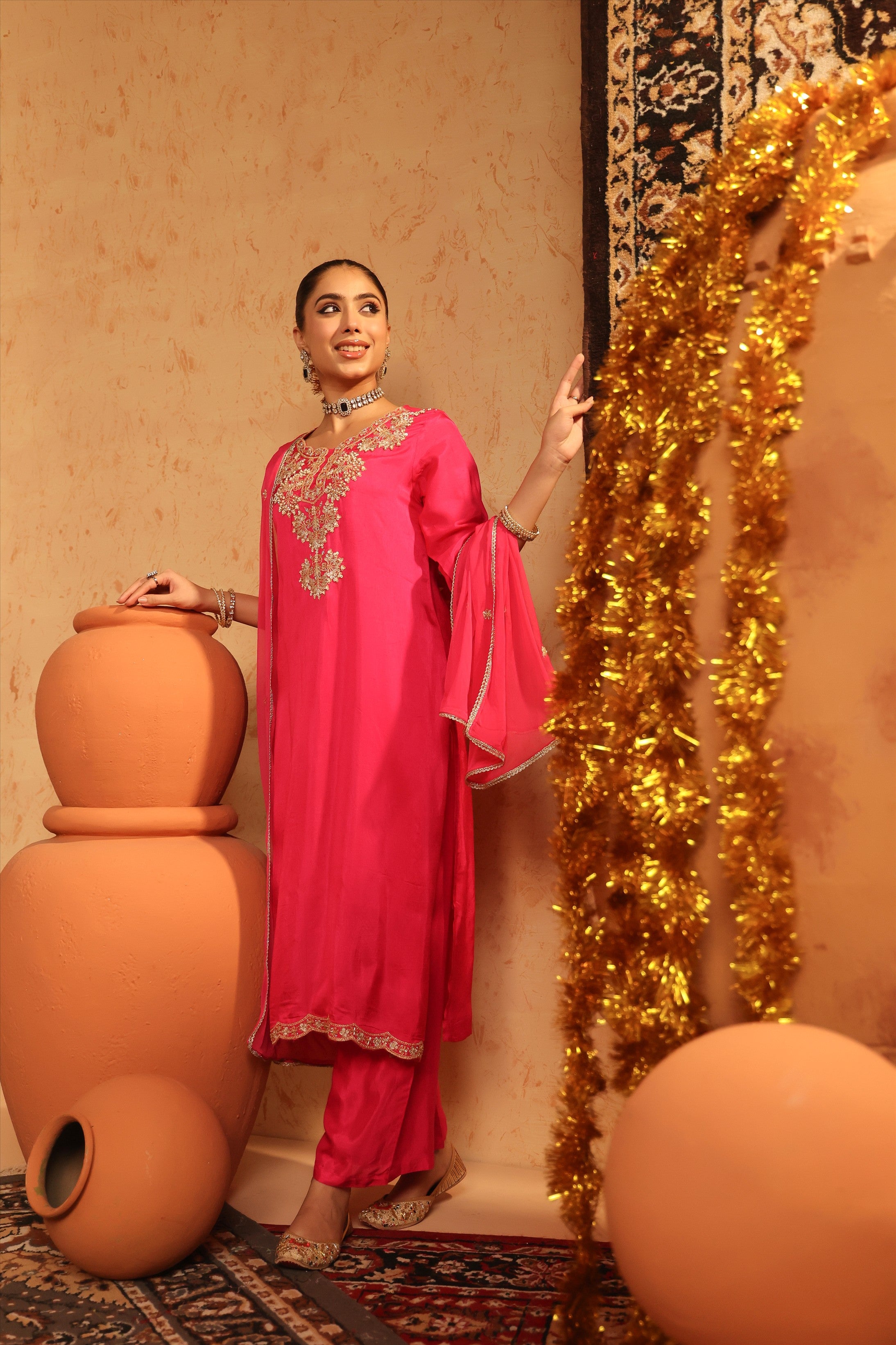 Hot Pink Shimmer Tissue Embroidered-Handwork Straight Suit Set