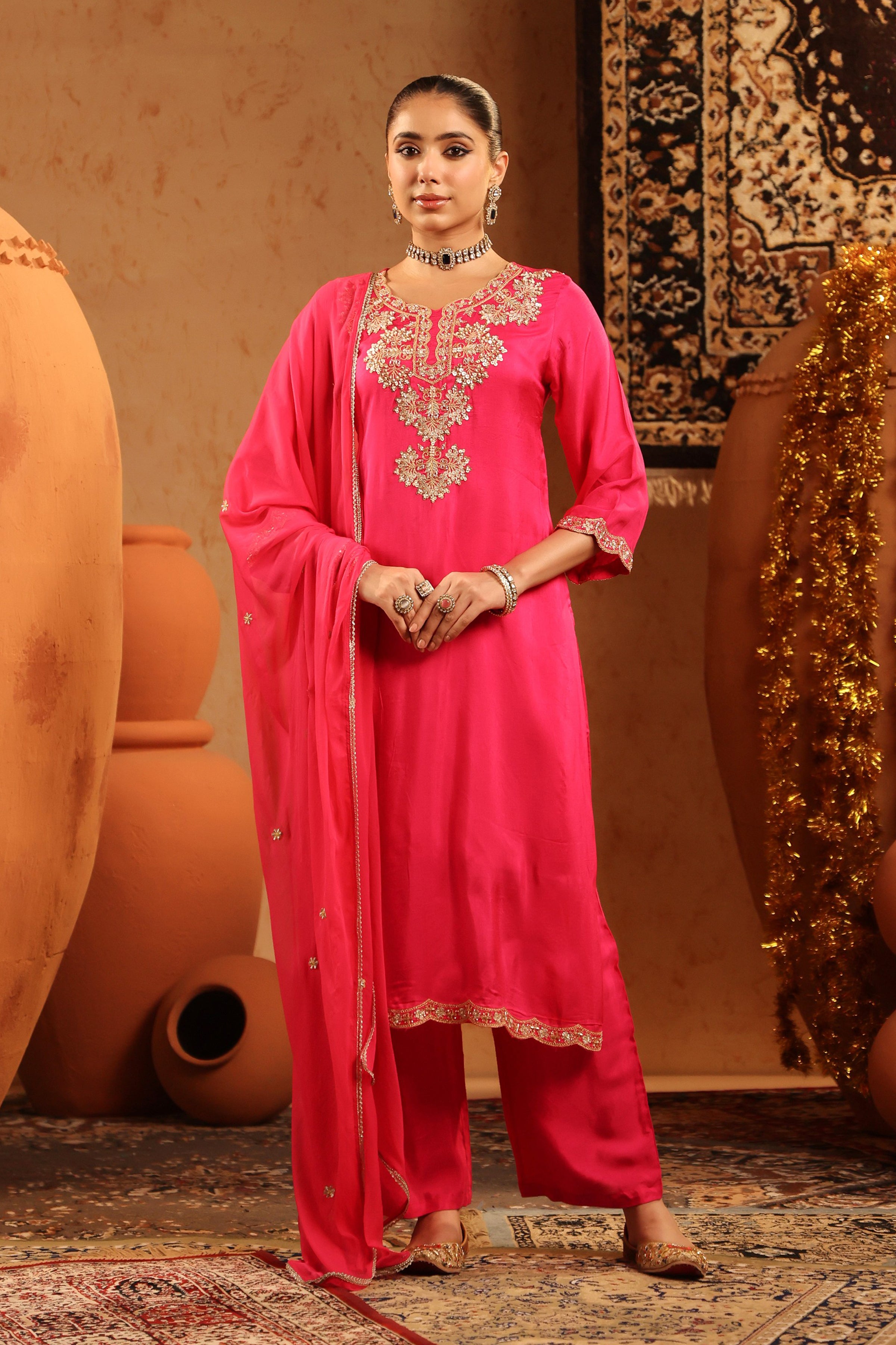 Hot Pink Shimmer Tissue Embroidered-Handwork Straight Suit Set
