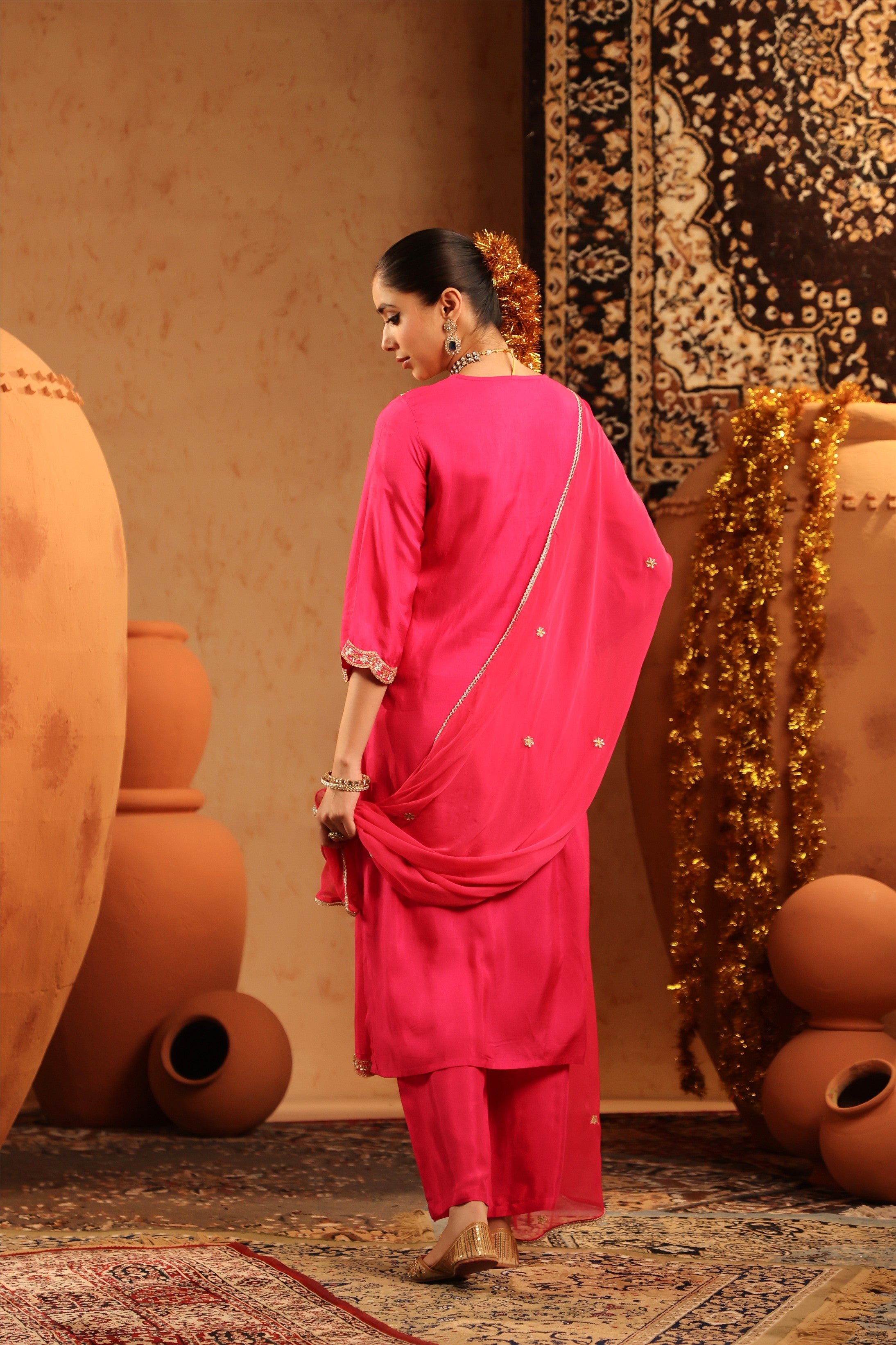 Hot Pink Shimmer Tissue Embroidered-Handwork Straight Suit Set