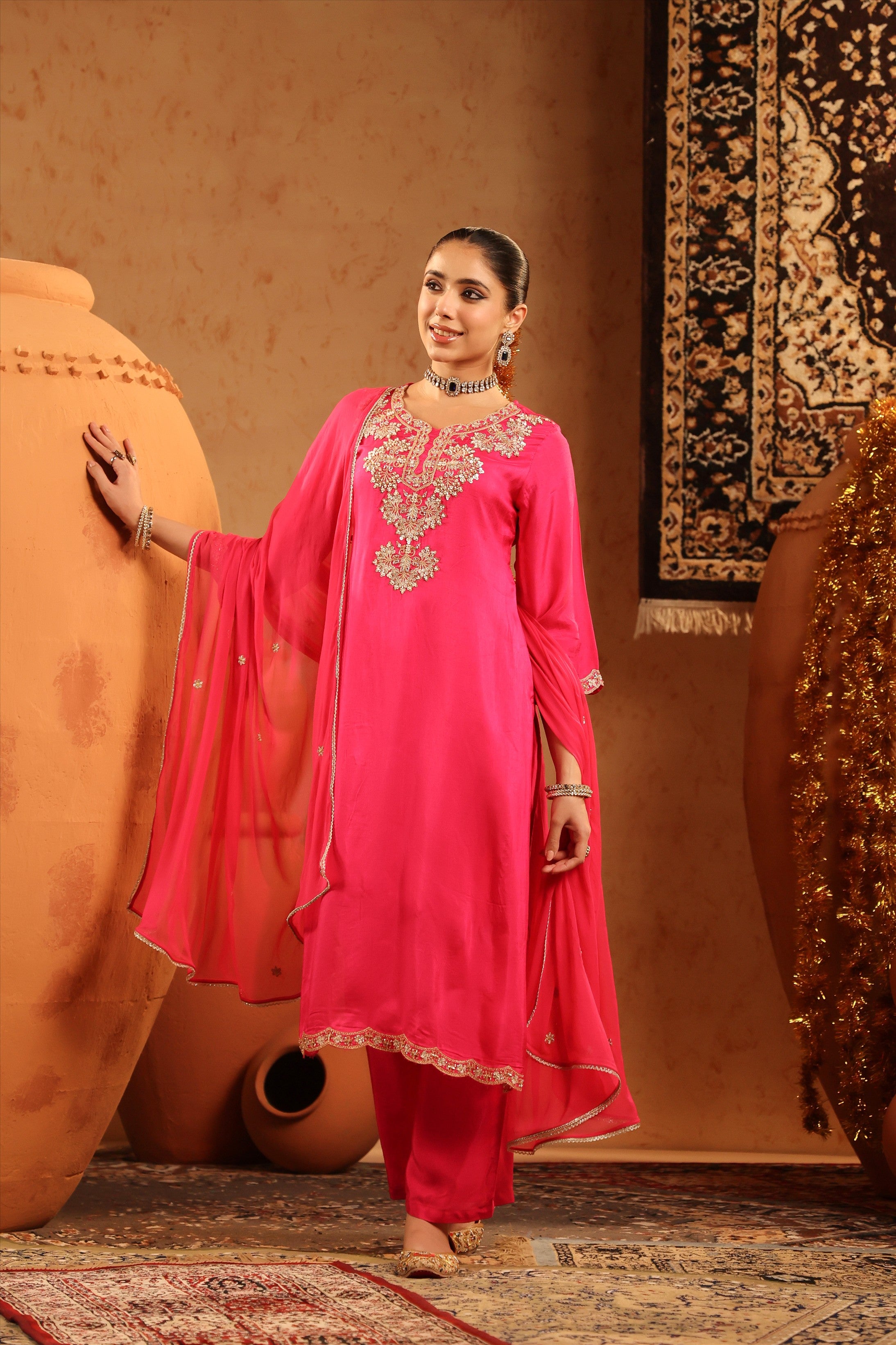 Hot Pink Shimmer Tissue Embroidered-Handwork Straight Suit Set