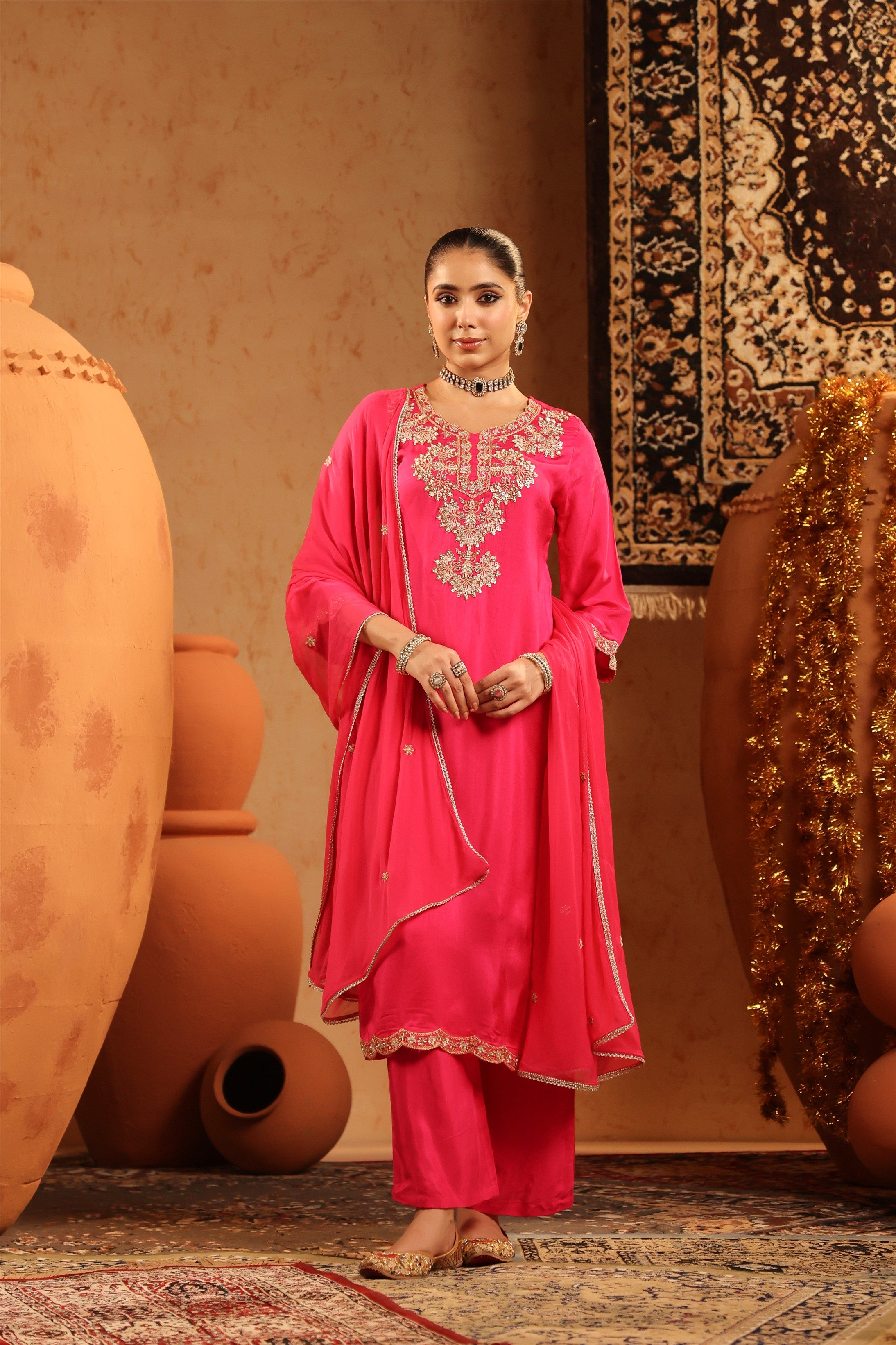 Hot Pink Shimmer Tissue Embroidered-Handwork Straight Suit Set