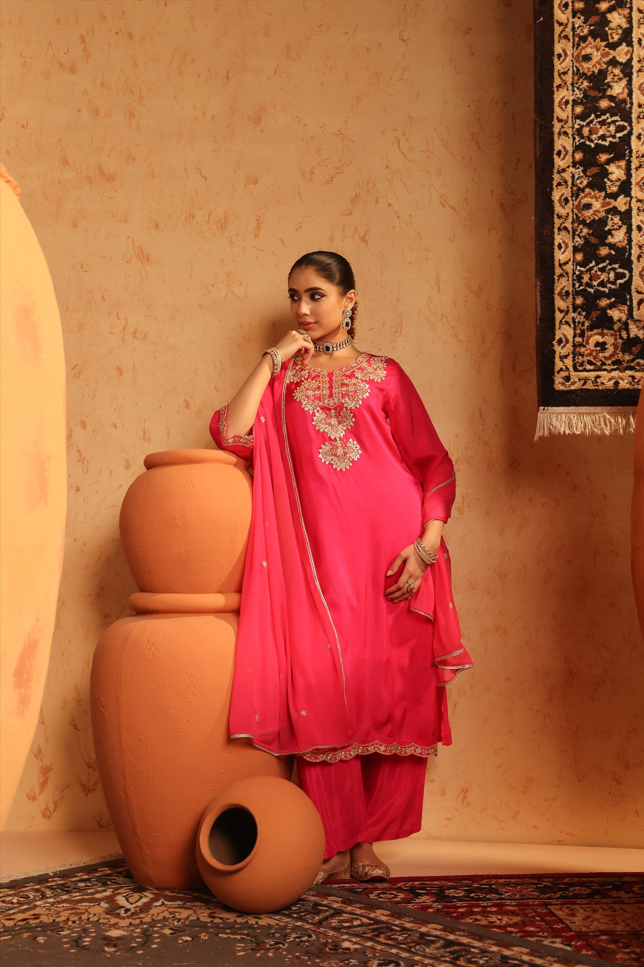 Hot Pink Shimmer Tissue Embroidered-Handwork Straight Suit Set