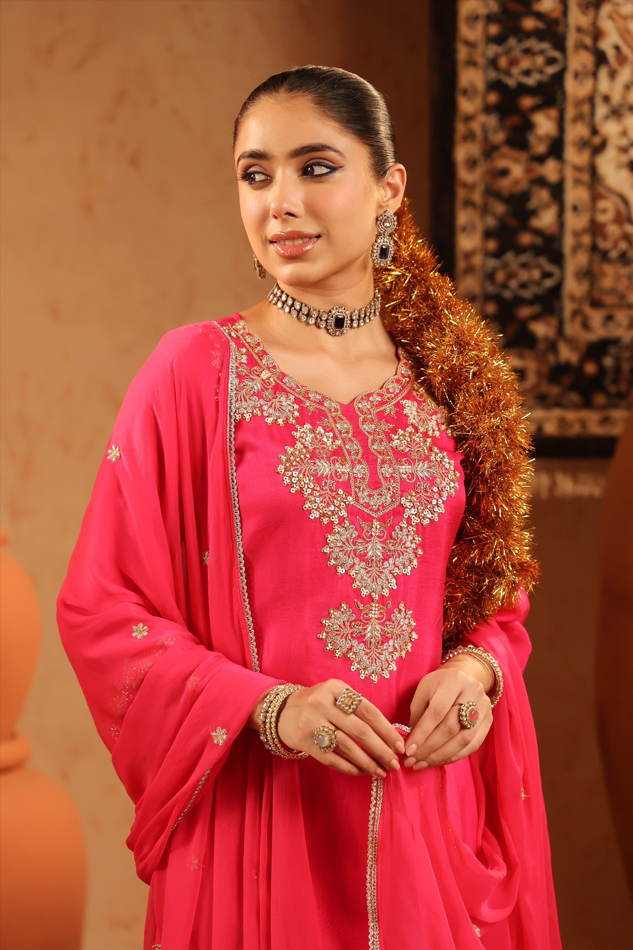 Hot Pink Shimmer Tissue Embroidered-Handwork Straight Suit Set