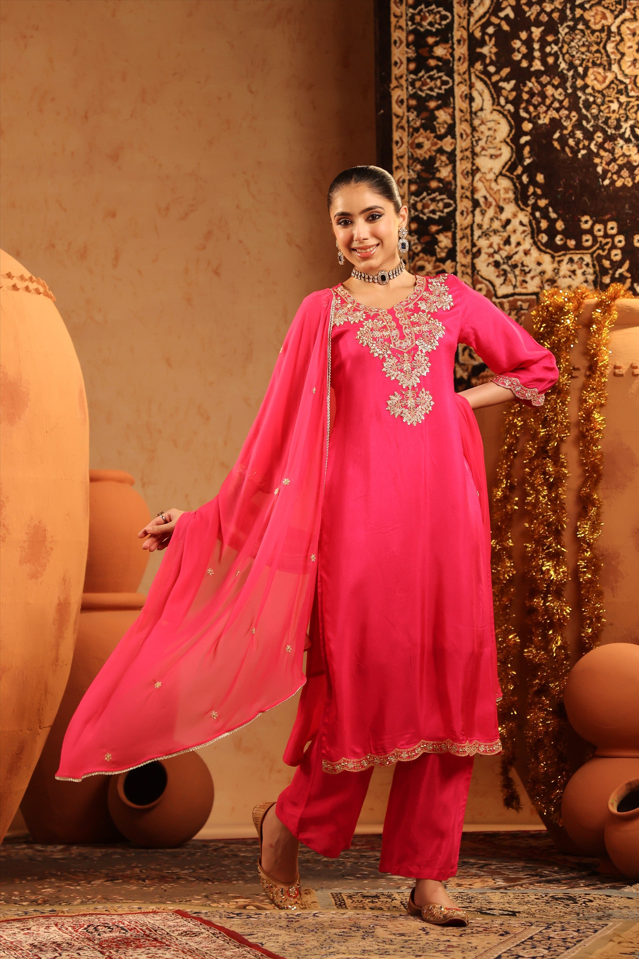 Hot Pink Shimmer Tissue Embroidered-Handwork Straight Suit Set