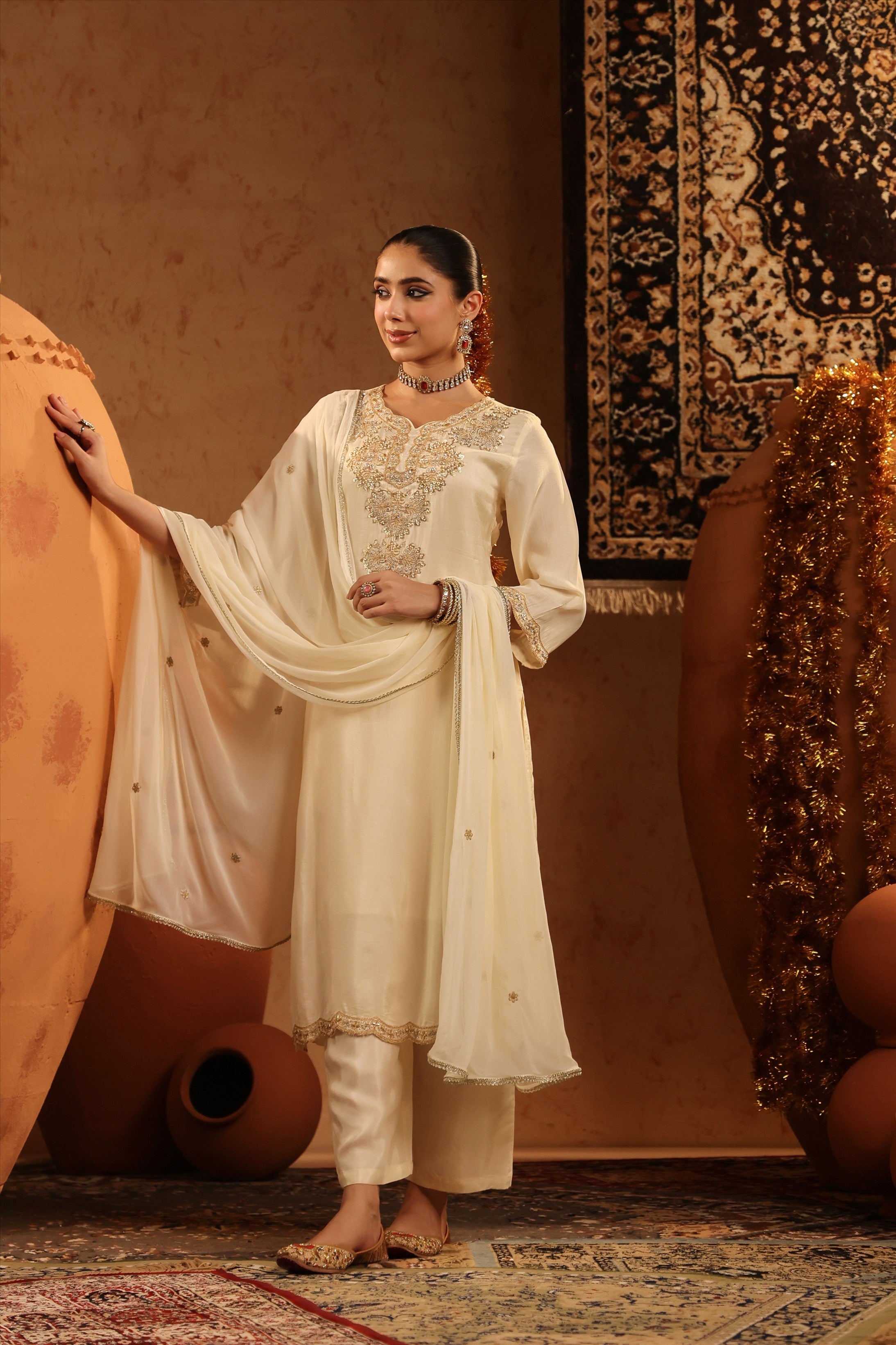 Ivory Shimmer Tissue Embroidered-Handwork Straight Suit Set