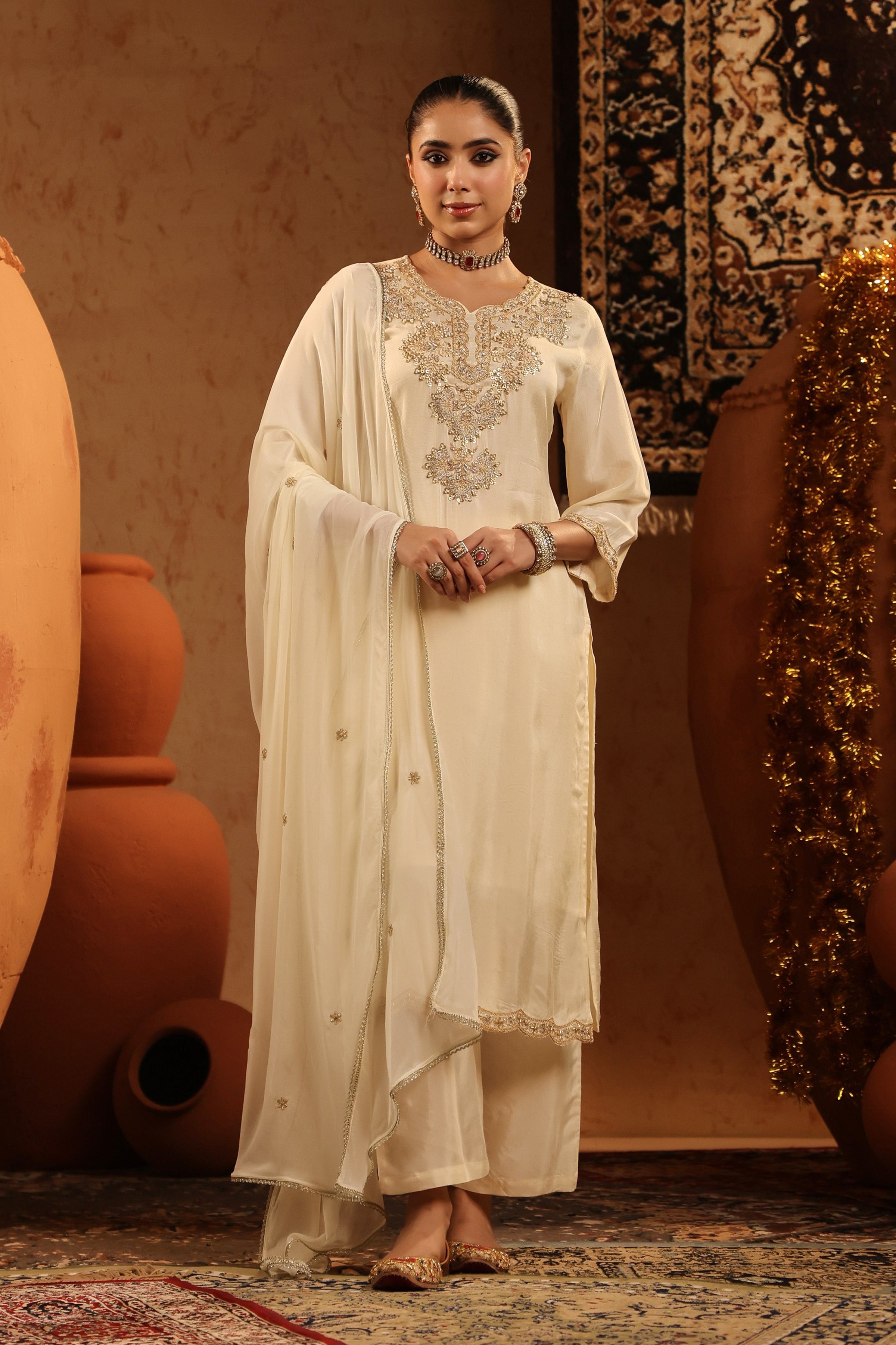Ivory Shimmer Tissue Embroidered-Handwork Straight Suit Set
