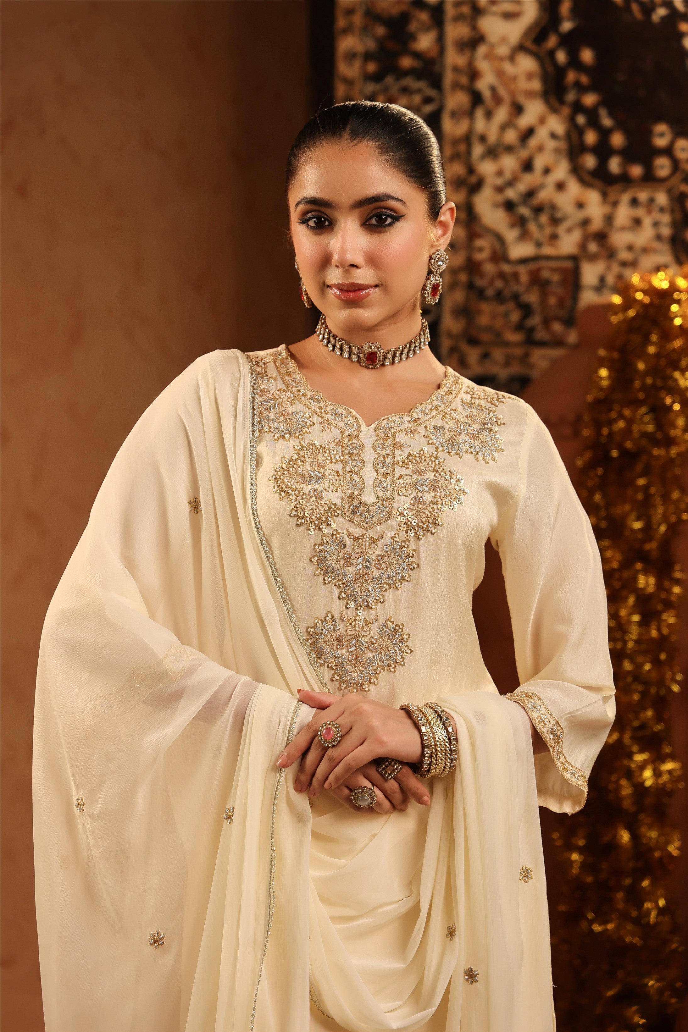 Ivory Shimmer Tissue Embroidered-Handwork Straight Suit Set