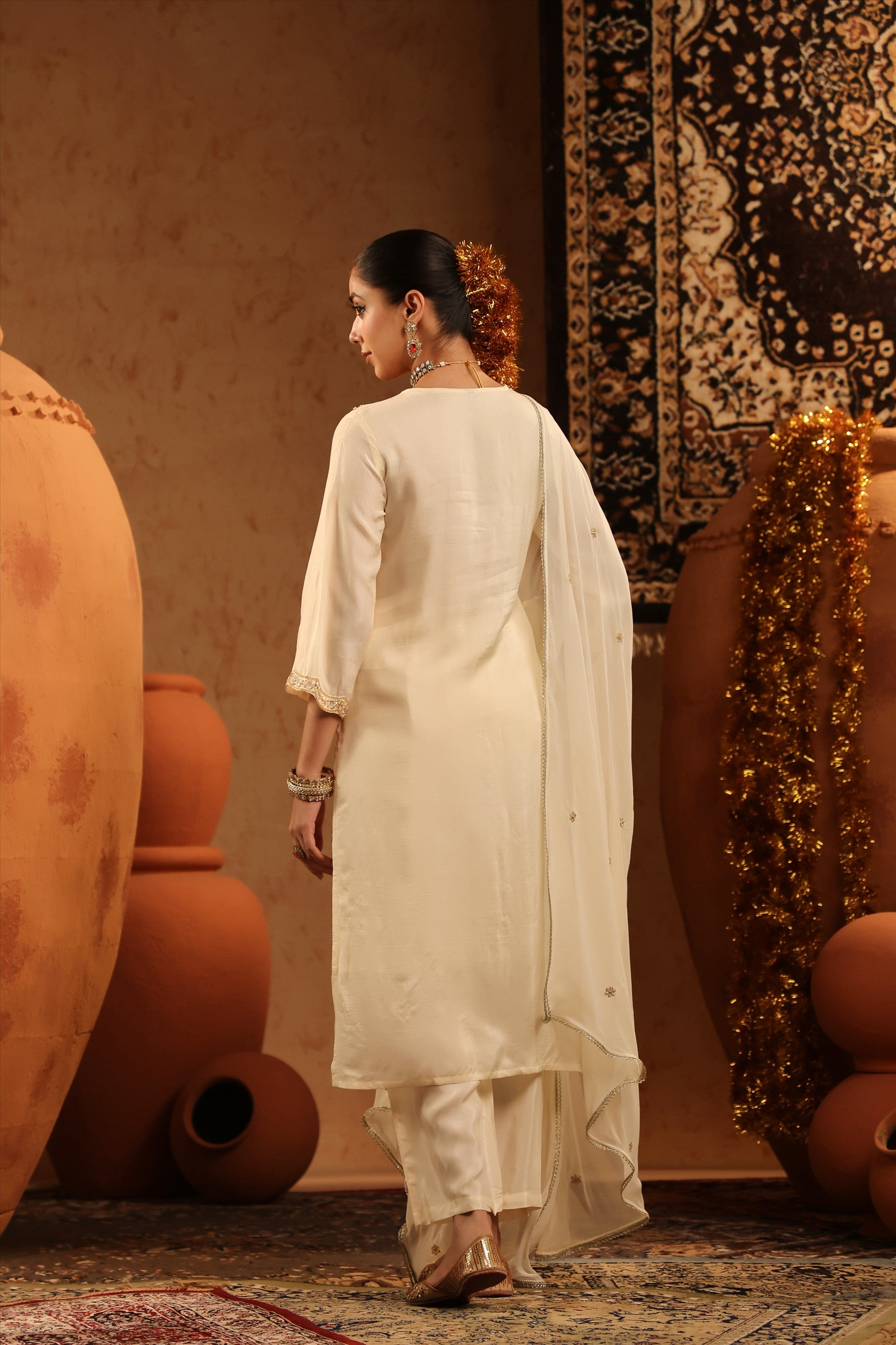 Ivory Shimmer Tissue Embroidered-Handwork Straight Suit Set