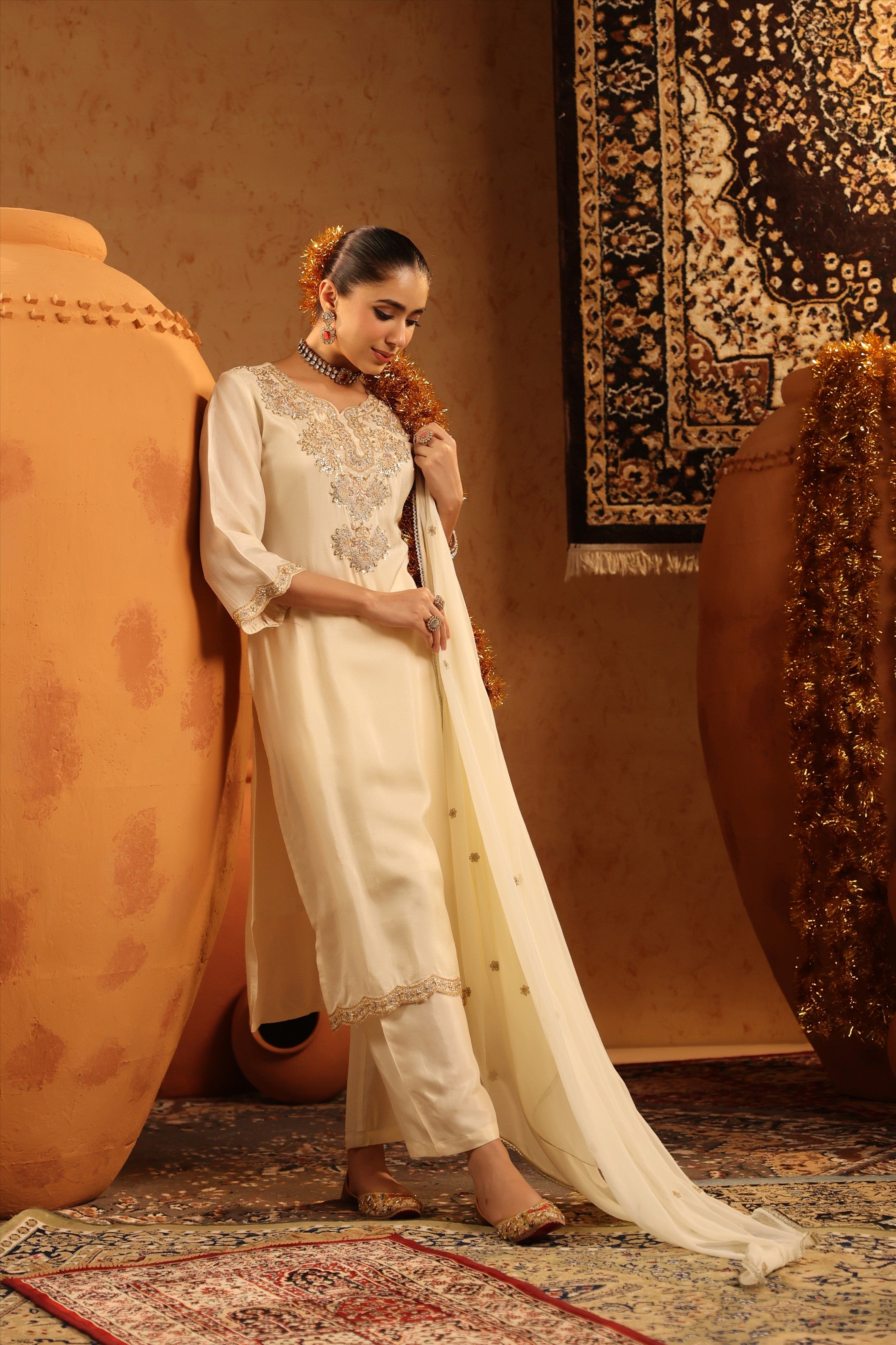 Ivory Shimmer Tissue Embroidered-Handwork Straight Suit Set