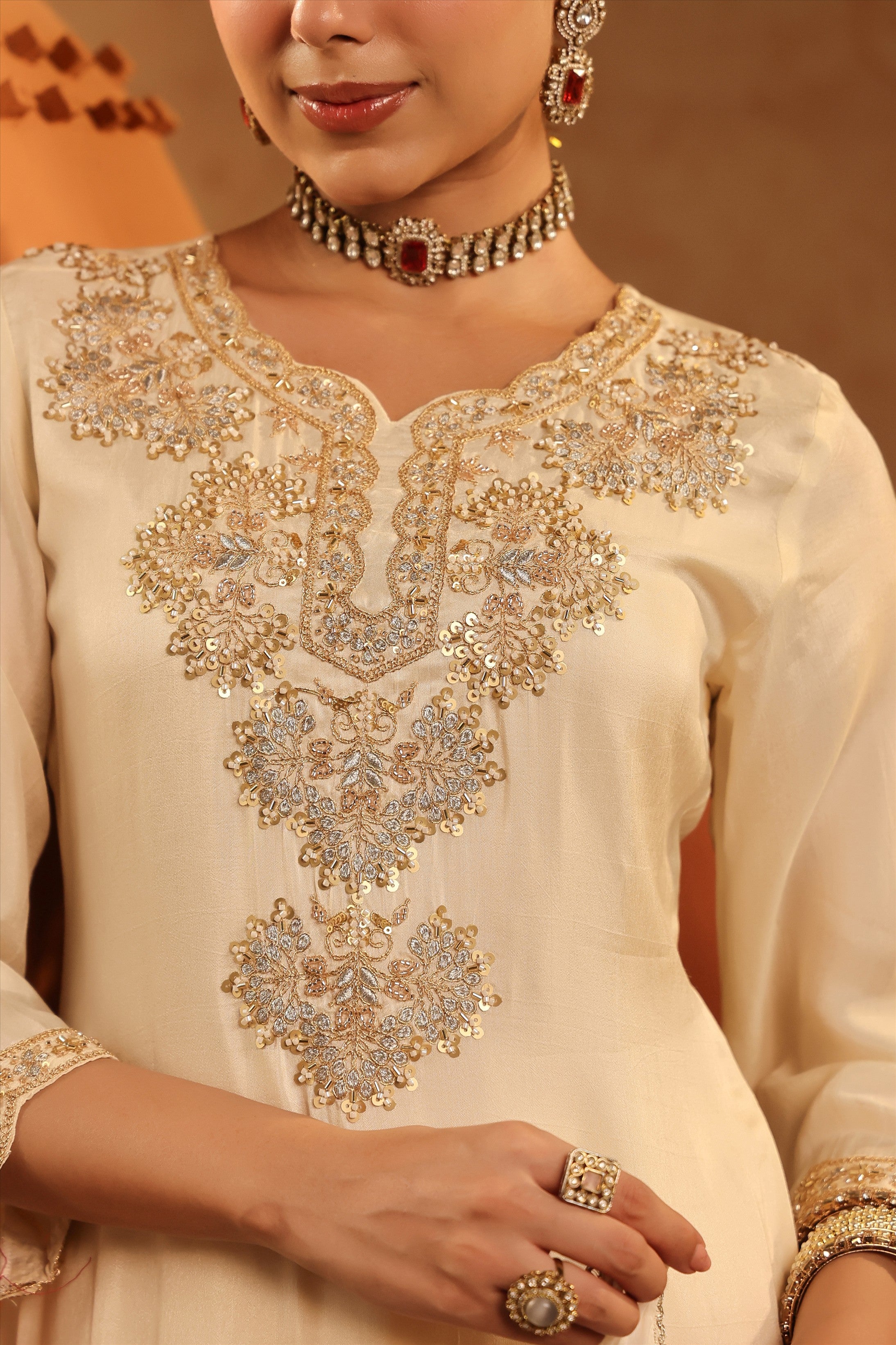 Ivory Shimmer Tissue Embroidered-Handwork Straight Suit Set