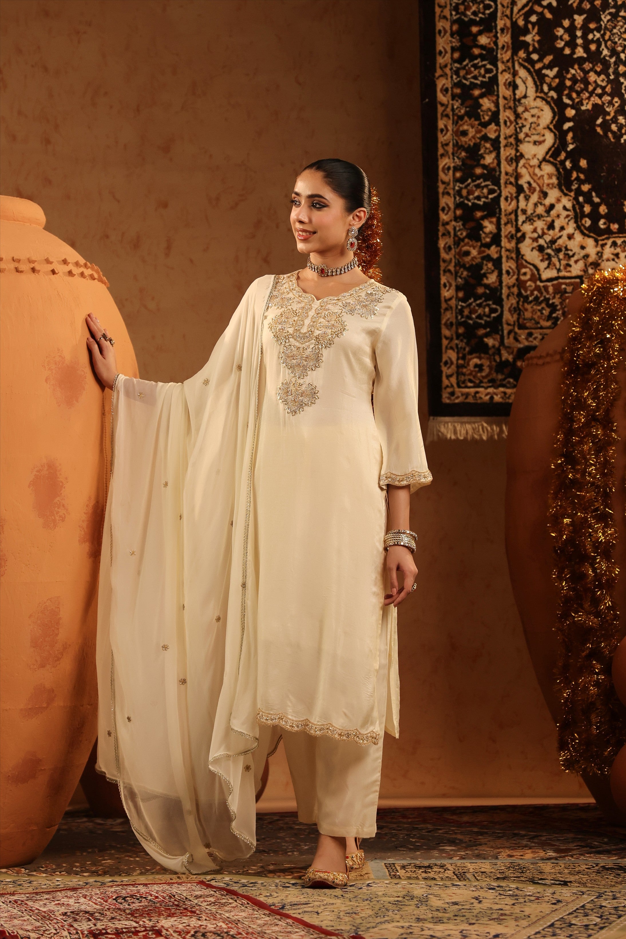 Ivory Shimmer Tissue Embroidered-Handwork Straight Suit Set
