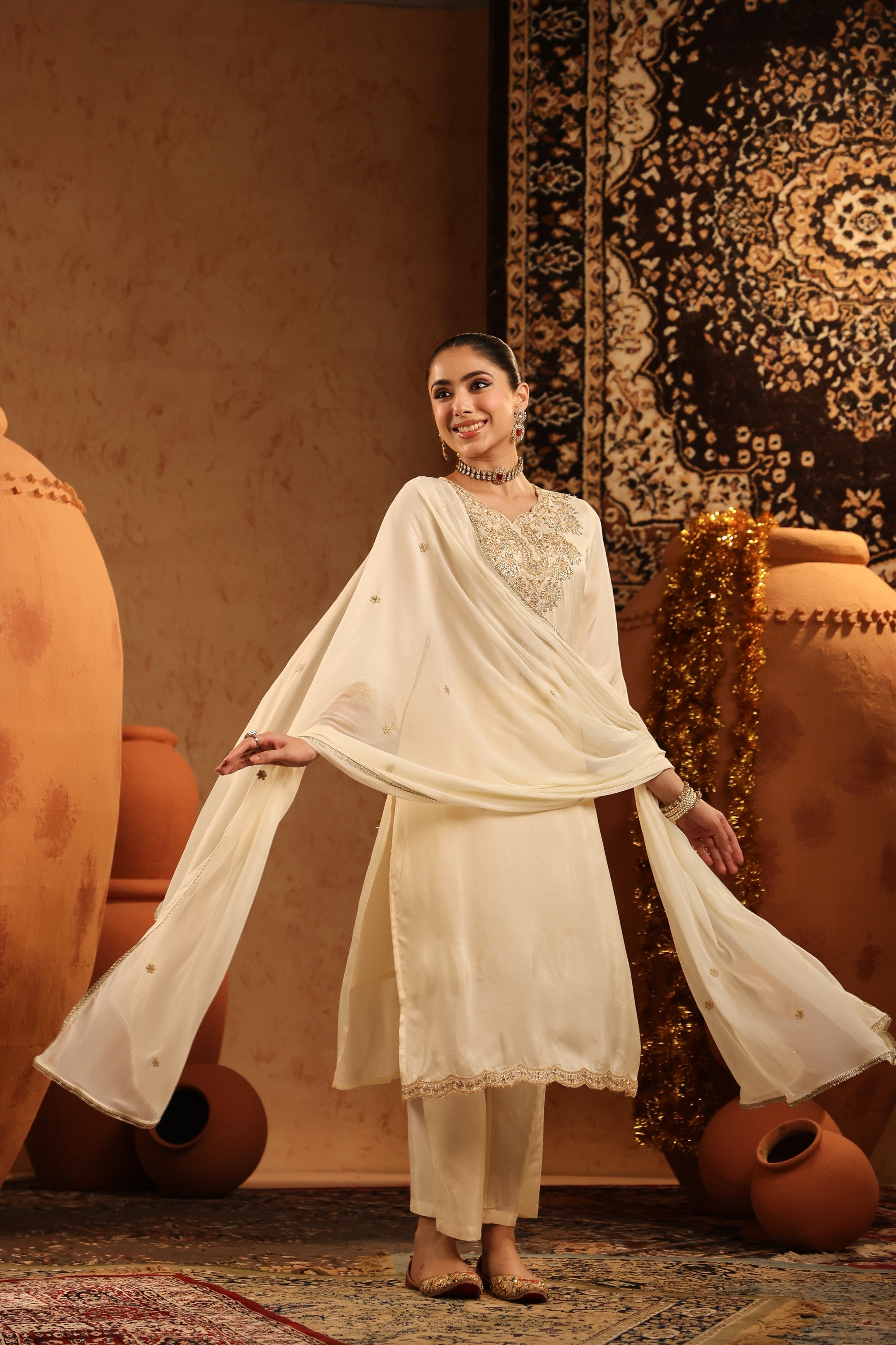 Ivory Shimmer Tissue Embroidered-Handwork Straight Suit Set