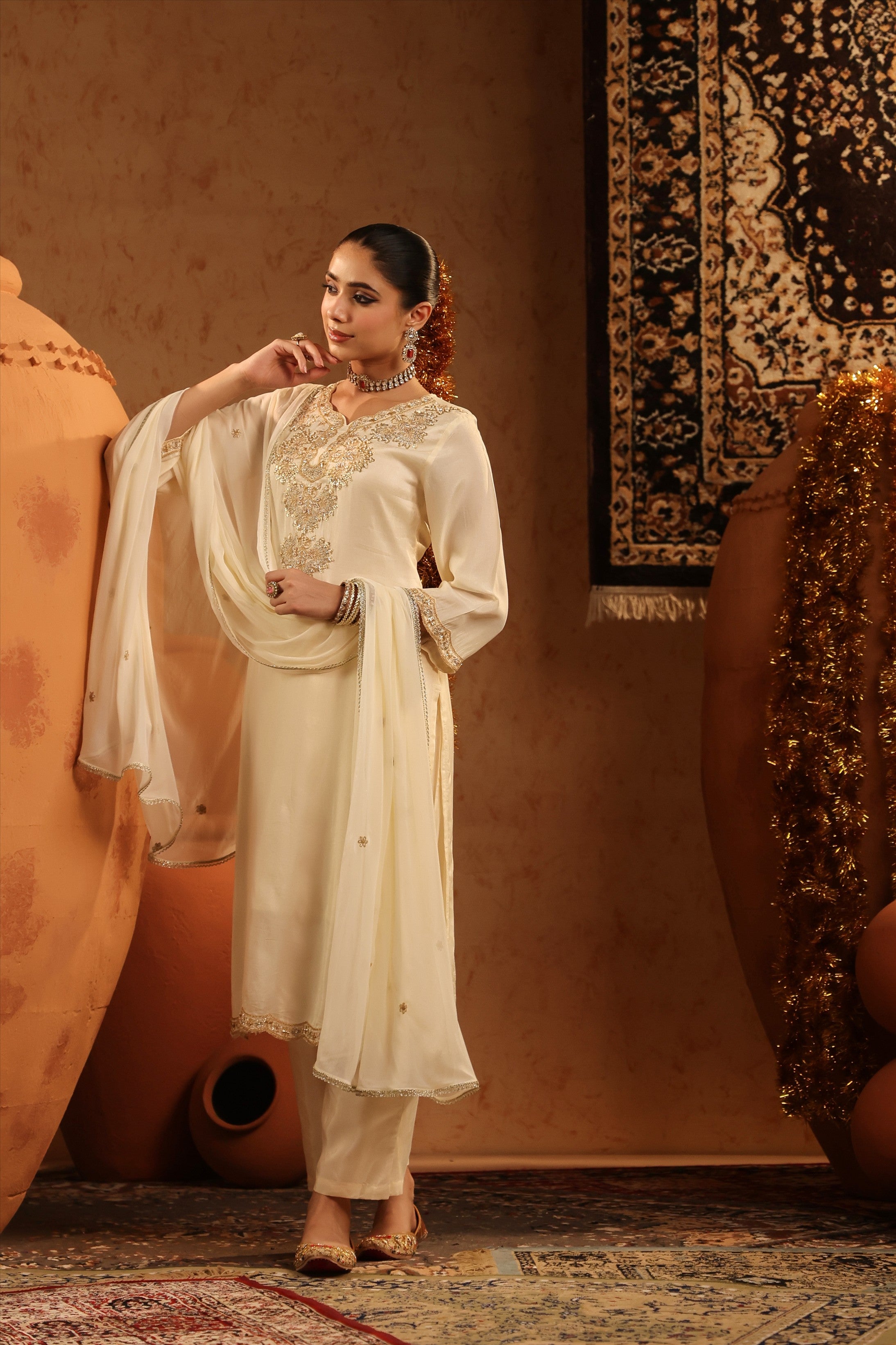 Ivory Shimmer Tissue Embroidered-Handwork Straight Suit Set