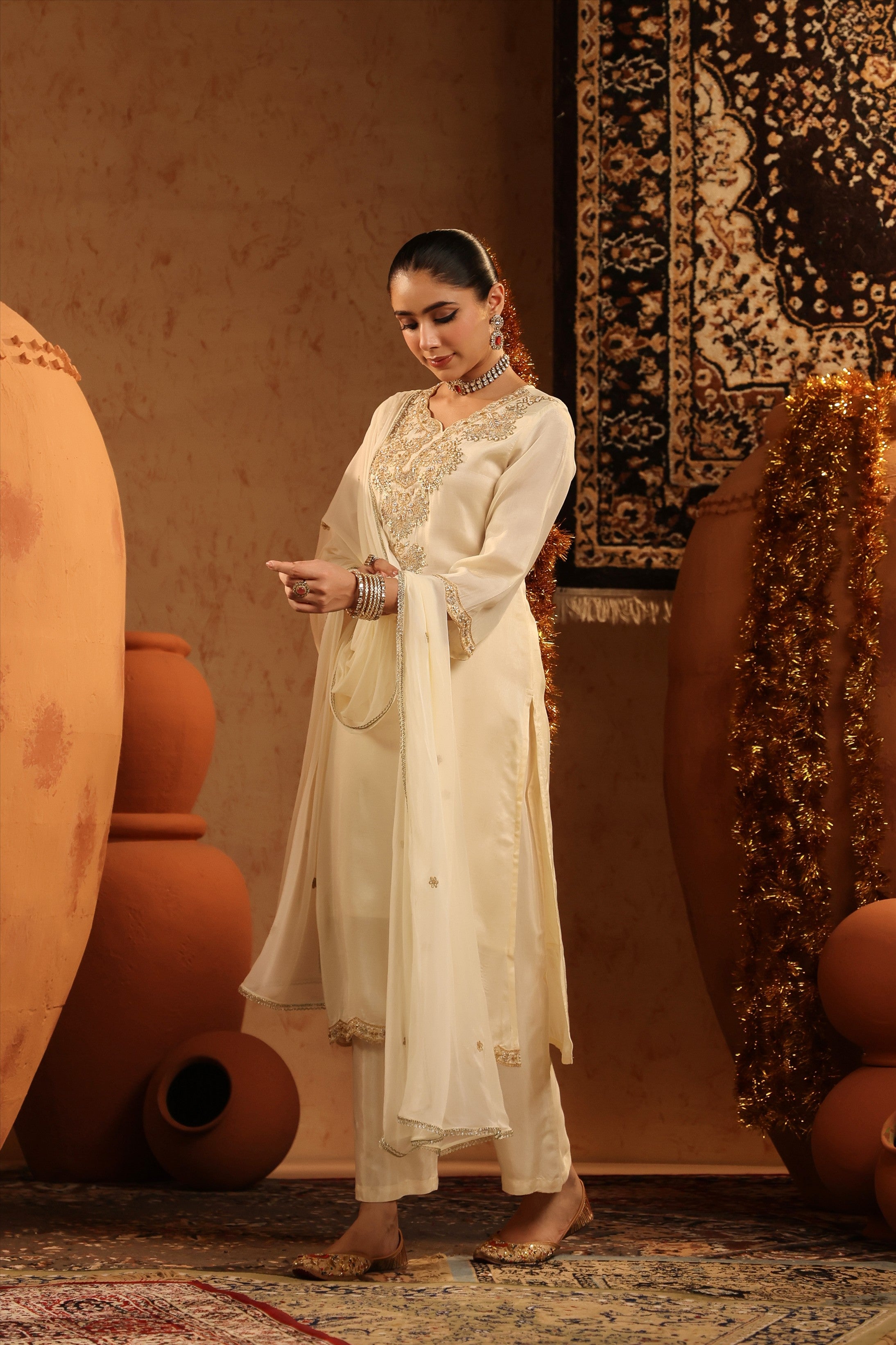 Ivory Shimmer Tissue Embroidered-Handwork Straight Suit Set