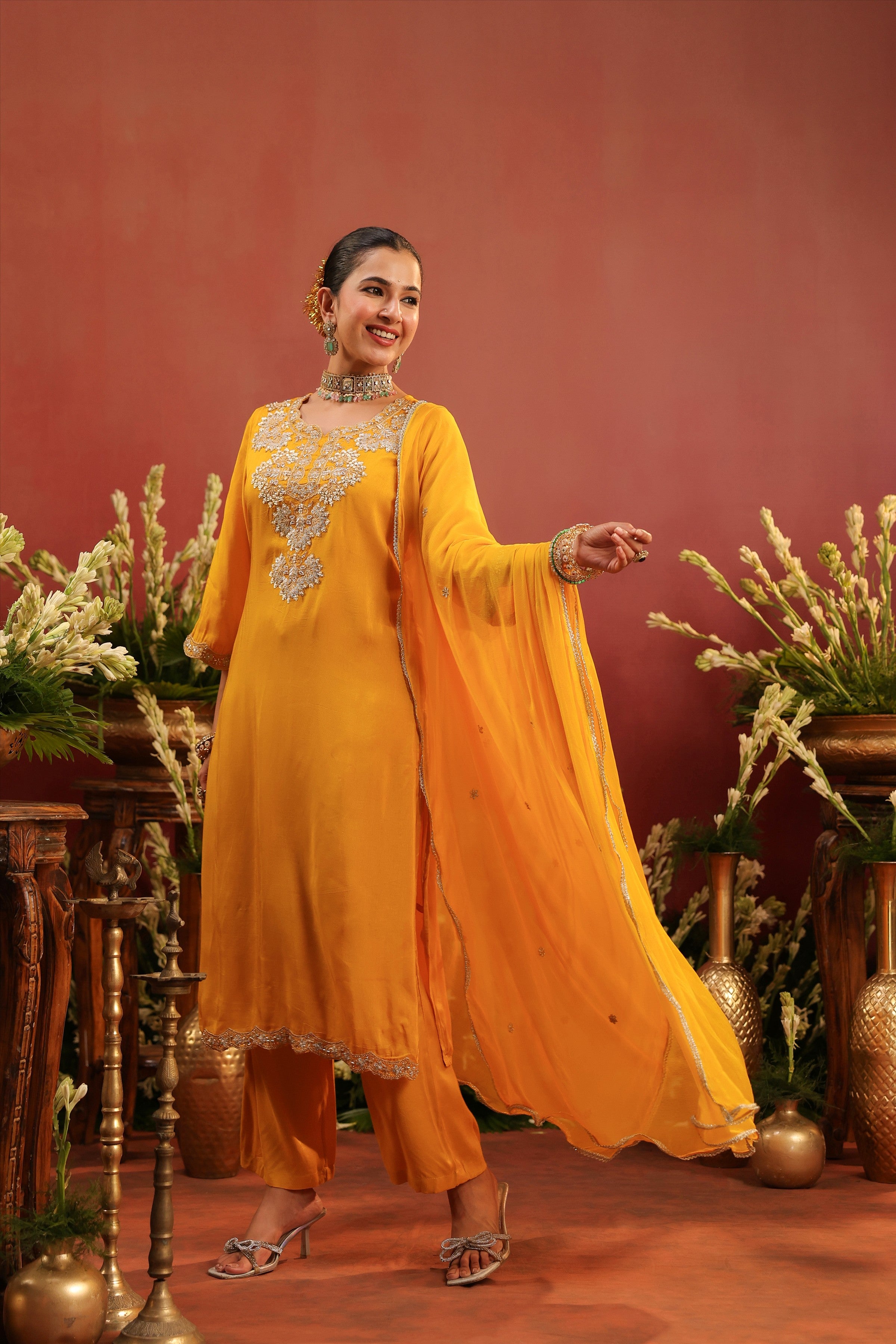 Mustard Shimmer Tissue Embroidered-Handwork Straight Suit Set