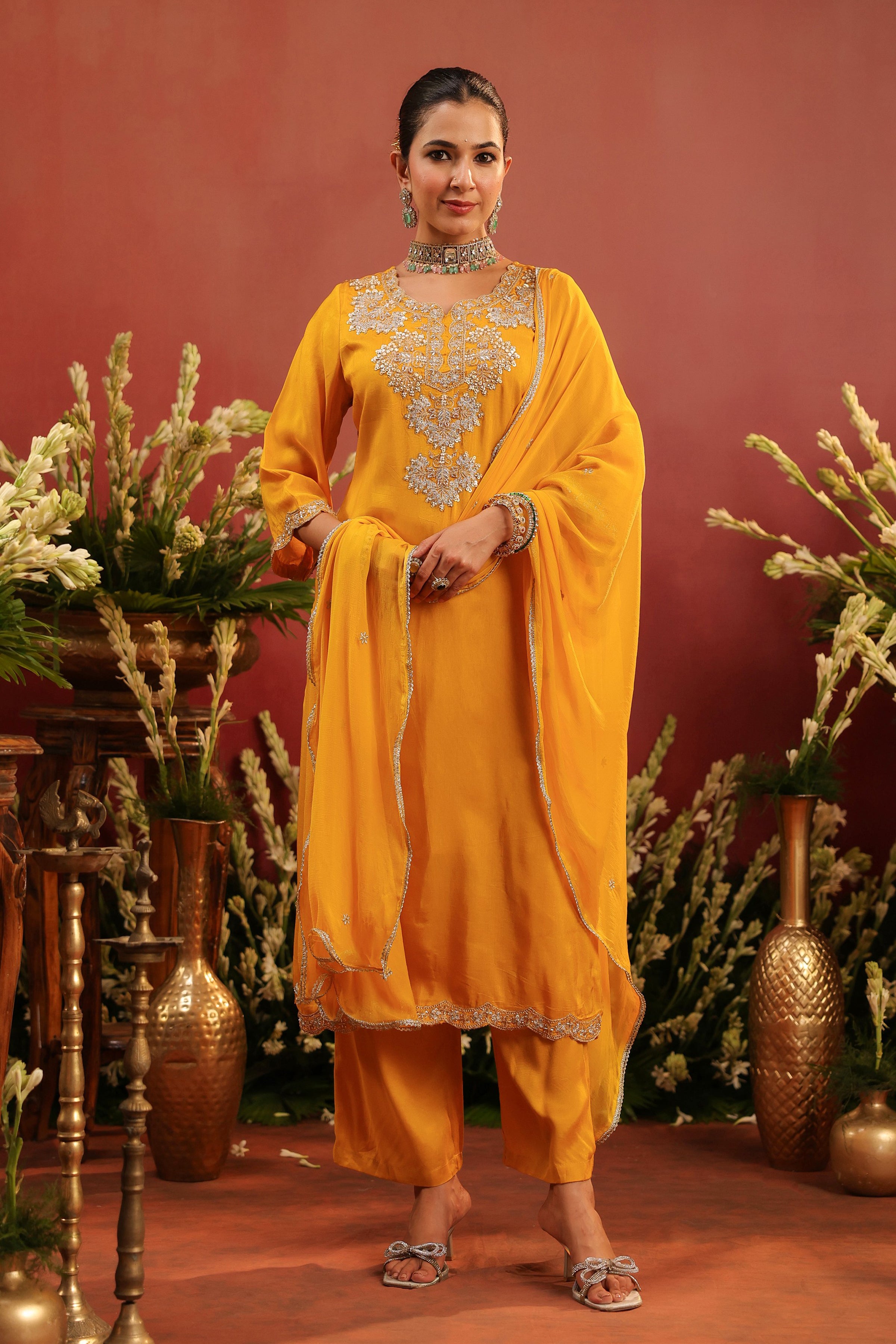 Mustard Shimmer Tissue Embroidered-Handwork Straight Suit Set