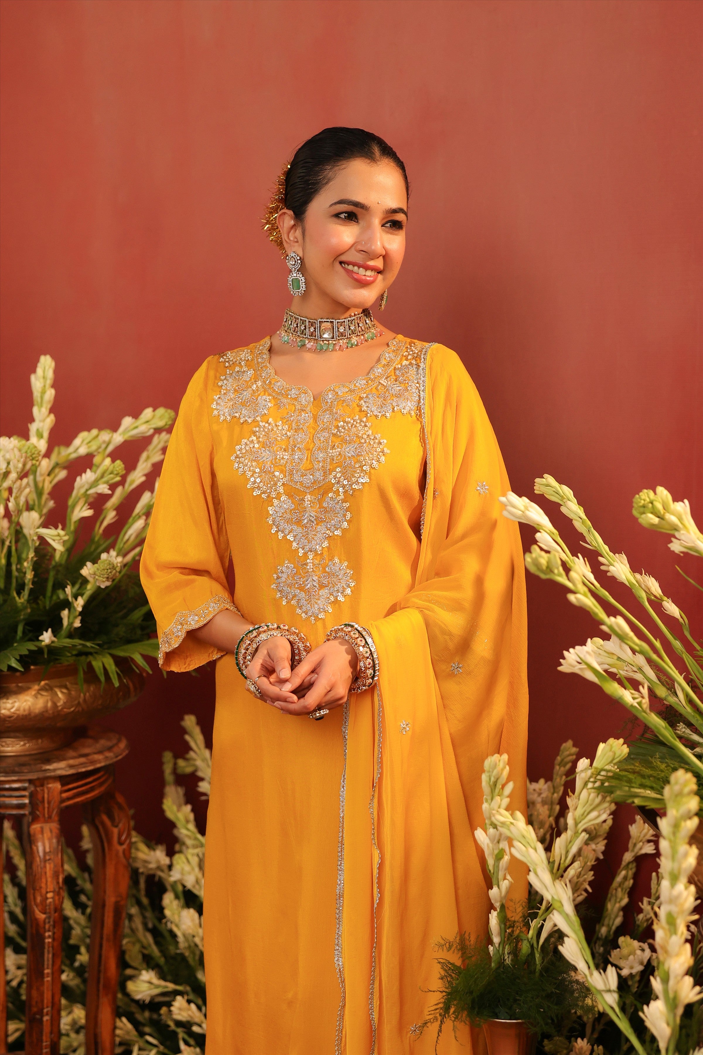 Mustard Shimmer Tissue Embroidered-Handwork Straight Suit Set