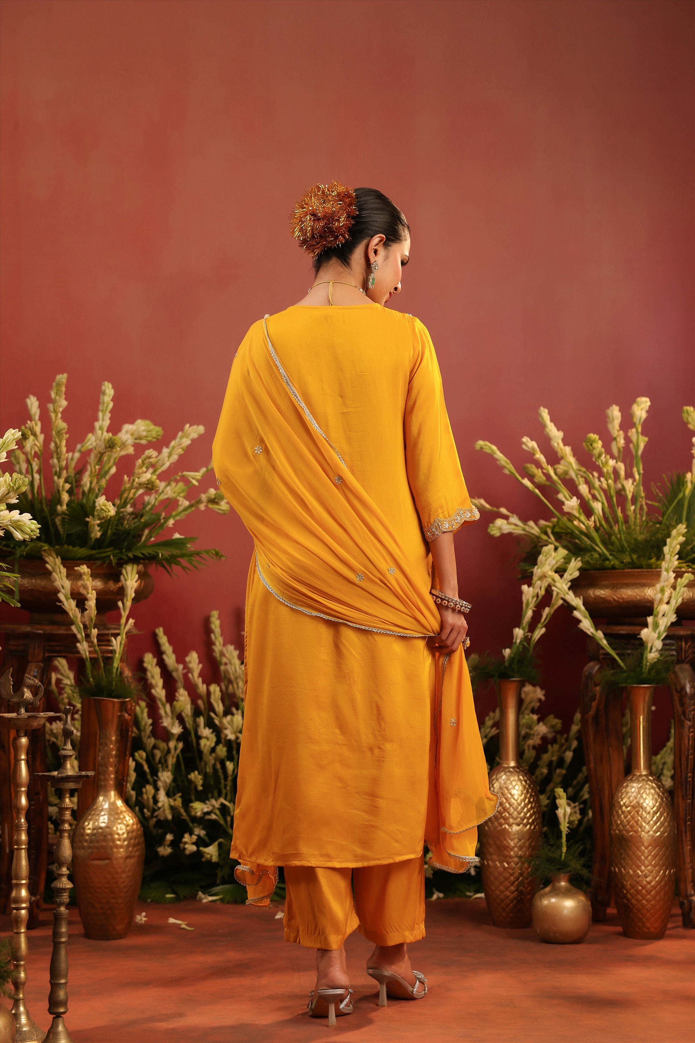 Mustard Shimmer Tissue Embroidered-Handwork Straight Suit Set