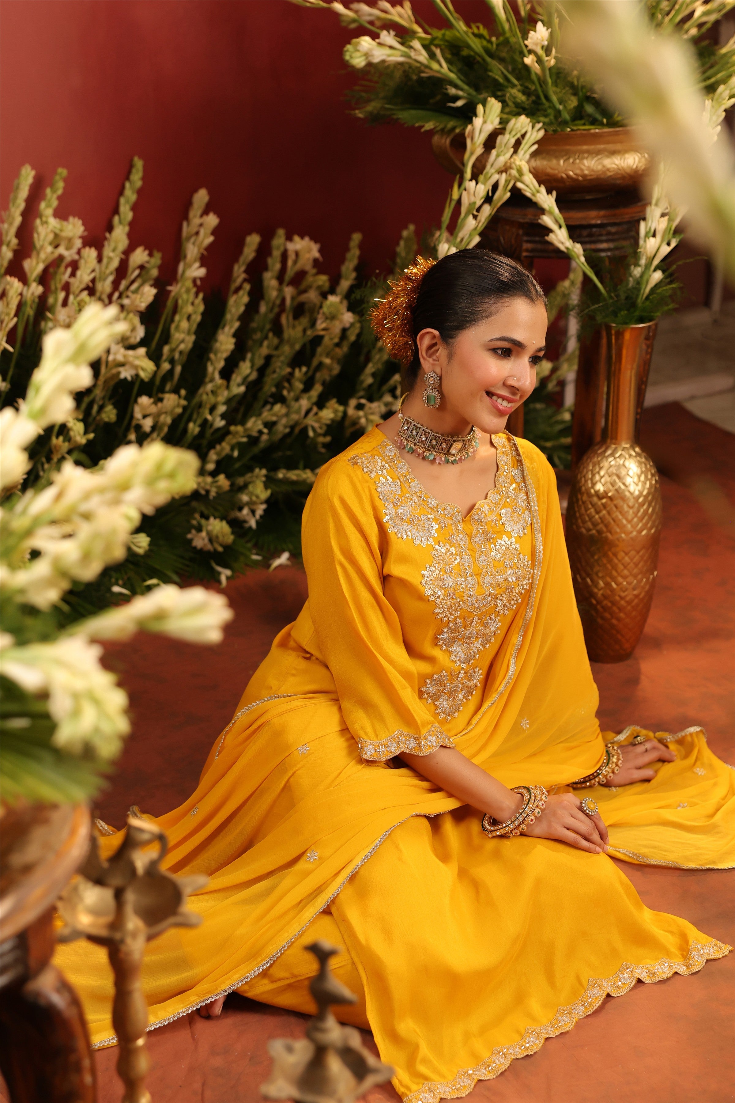 Mustard Shimmer Tissue Embroidered-Handwork Straight Suit Set