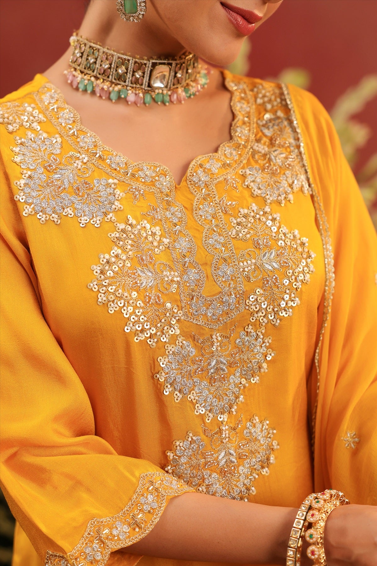 Mustard Shimmer Tissue Embroidered-Handwork Straight Suit Set