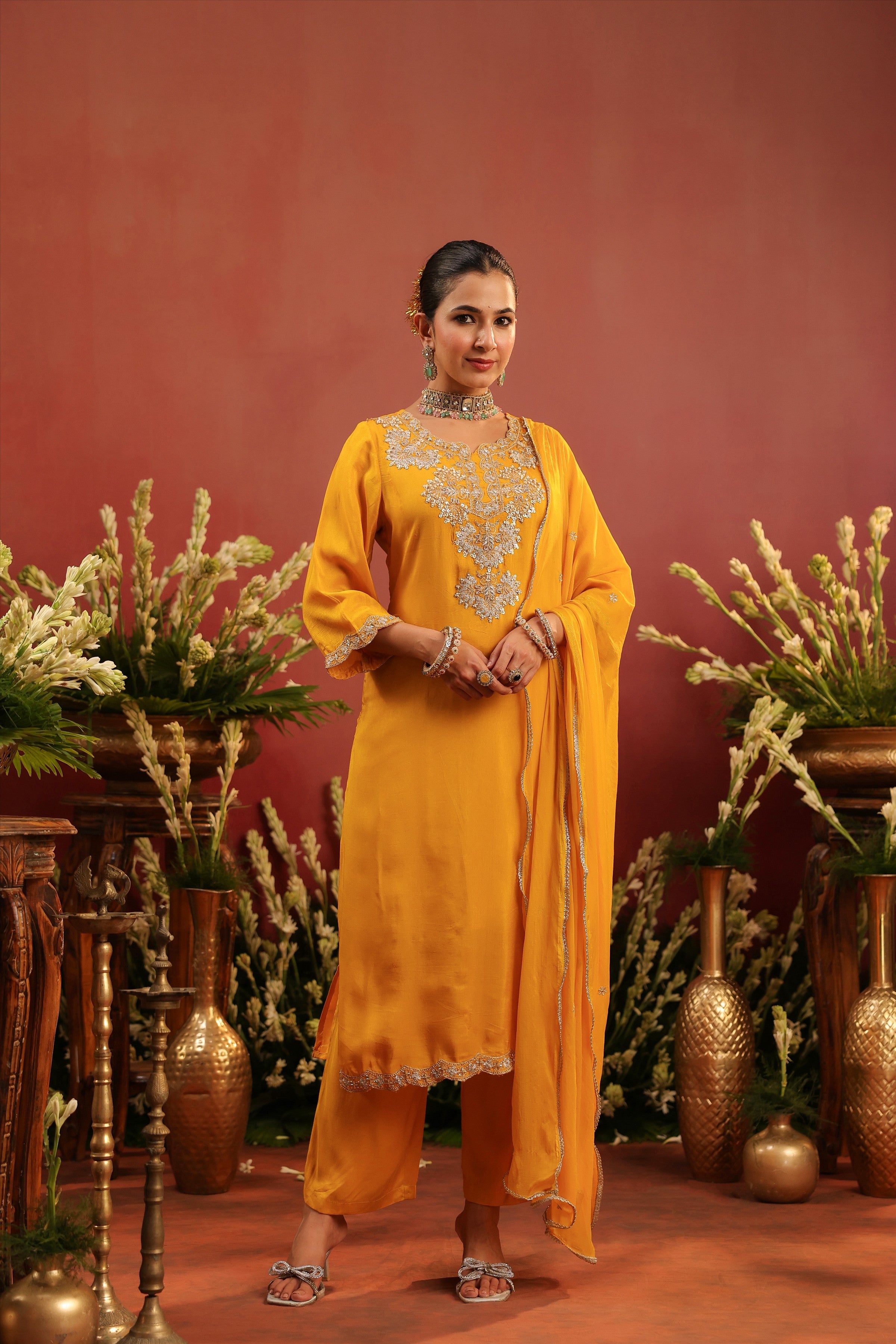 Mustard Shimmer Tissue Embroidered-Handwork Straight Suit Set