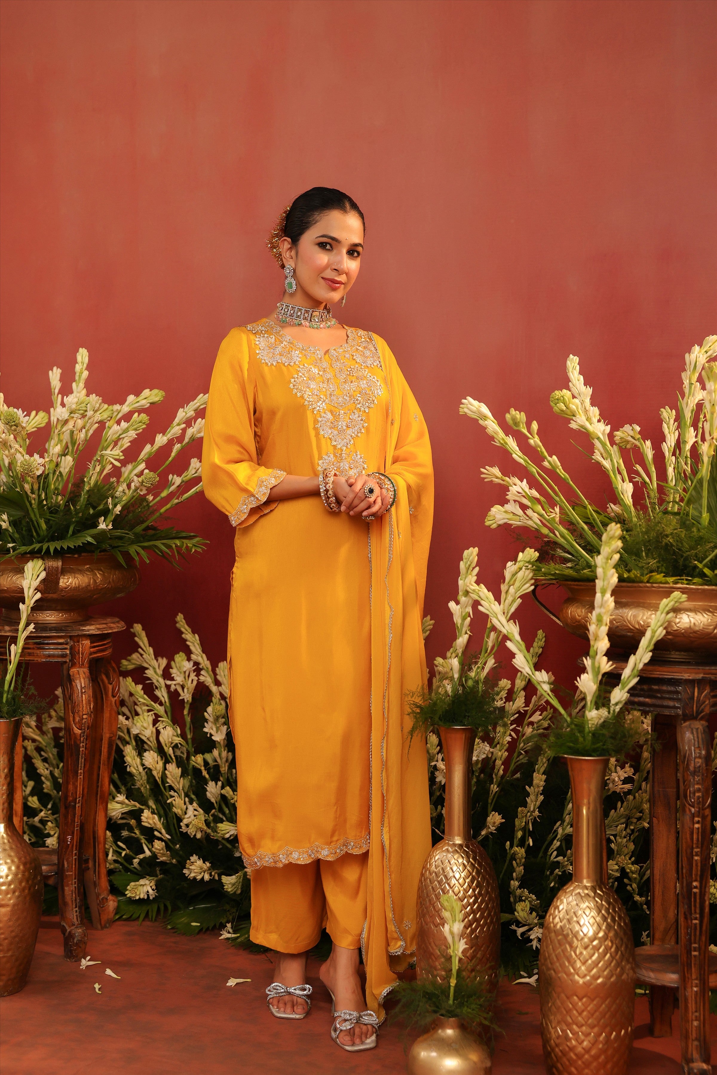 Mustard Shimmer Tissue Embroidered-Handwork Straight Suit Set