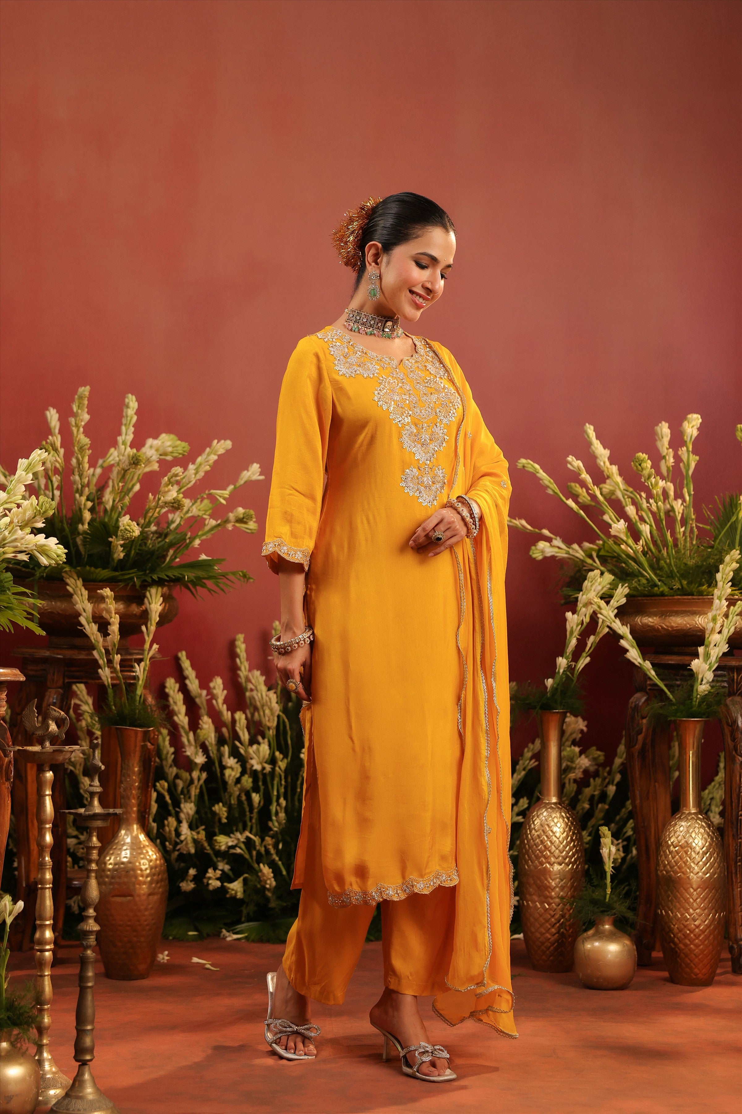 Mustard Shimmer Tissue Embroidered-Handwork Straight Suit Set