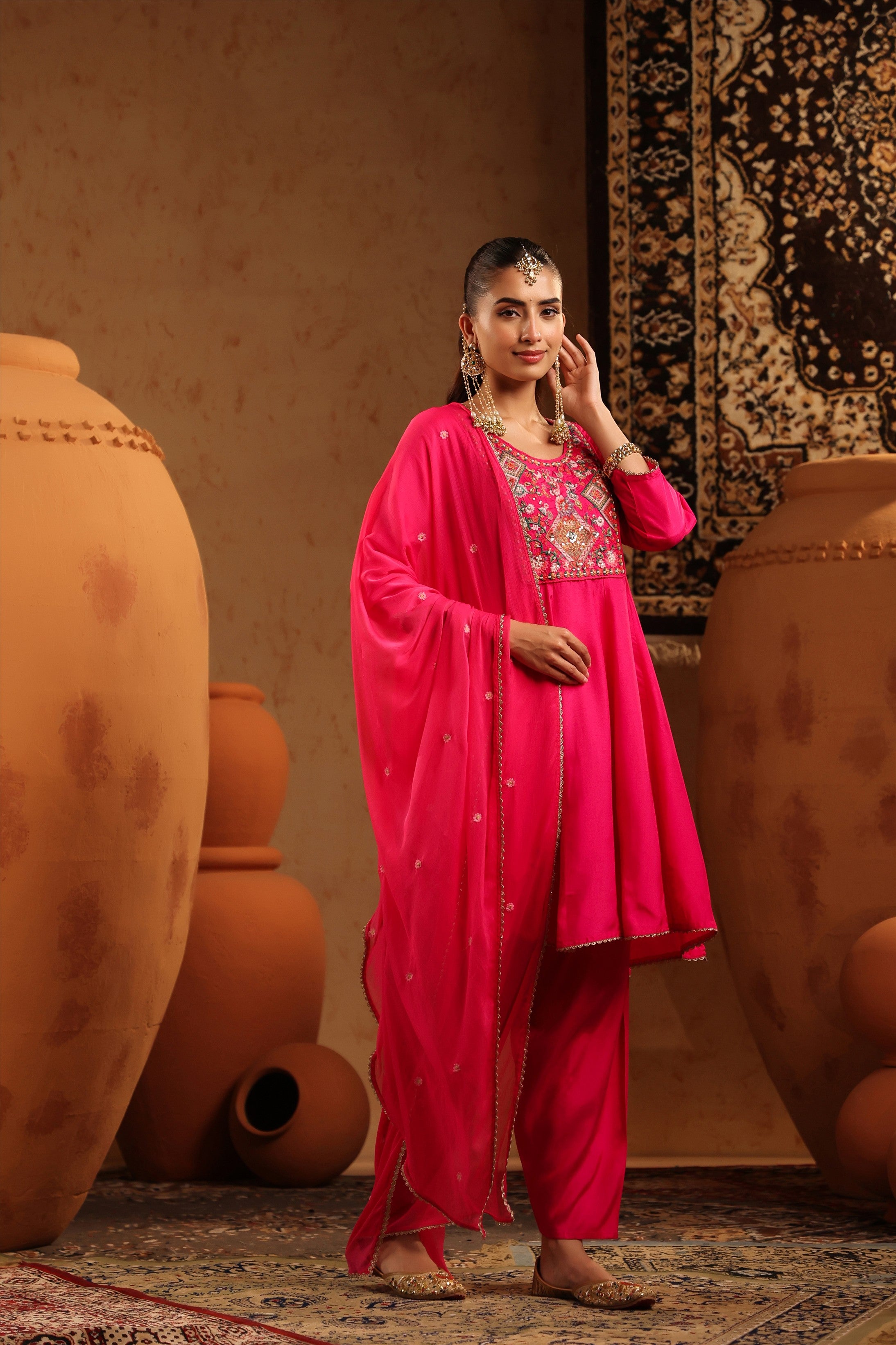 Fuchsia Silk Embroidered-Handwork Anarkali Suit Set